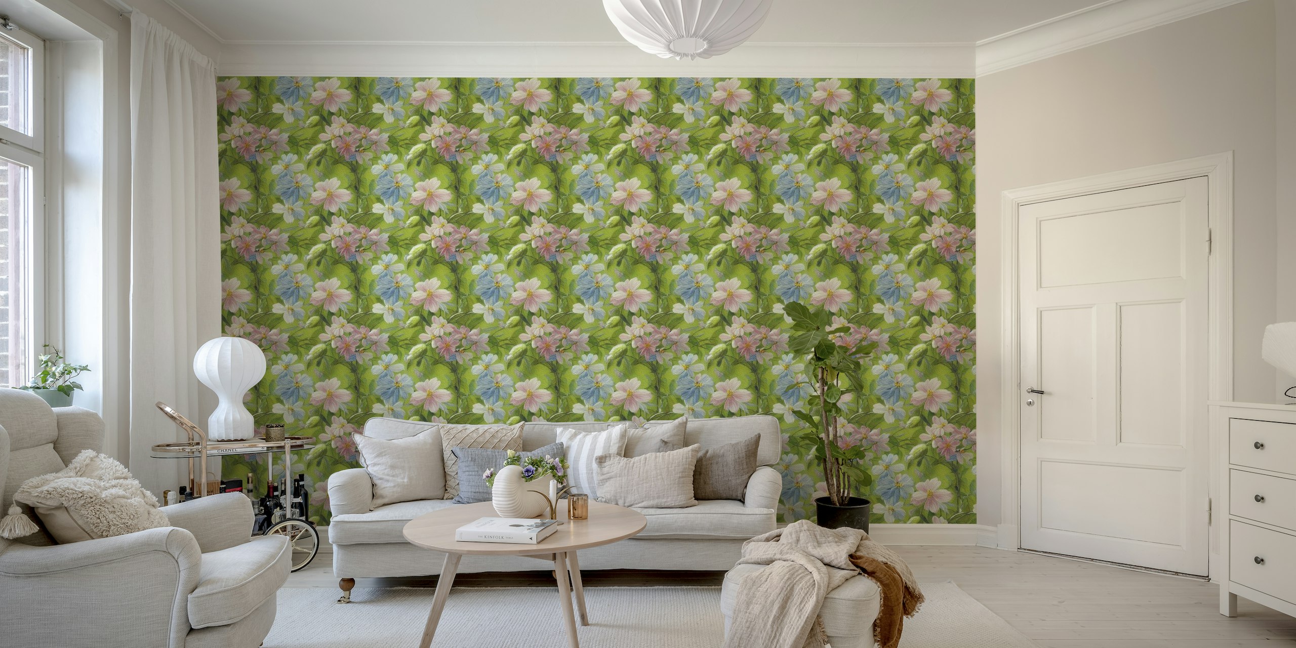 Apple Blossom in Spring Green wall mural with pink, white, and blue flowers