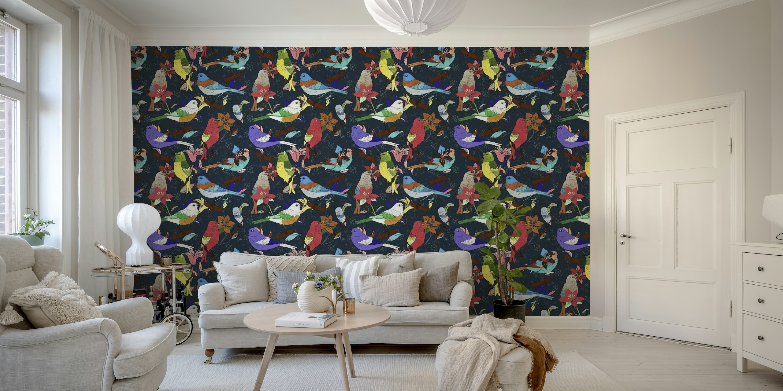 Night maximalistic pattern of colorful birds dark wallpaper