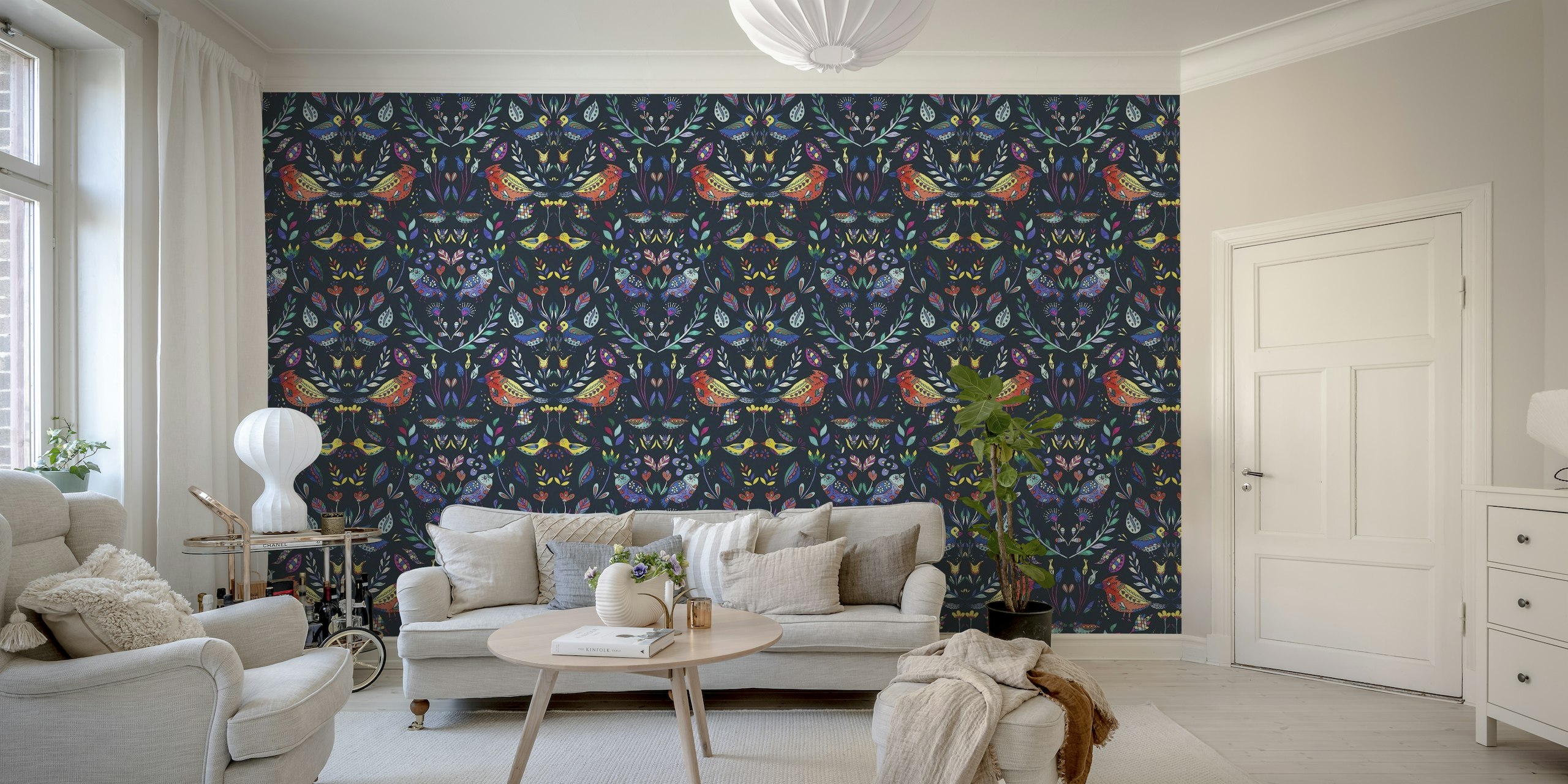 Colorful Maximalist Scandinavian Flowers and Birds Pattern wallpaper