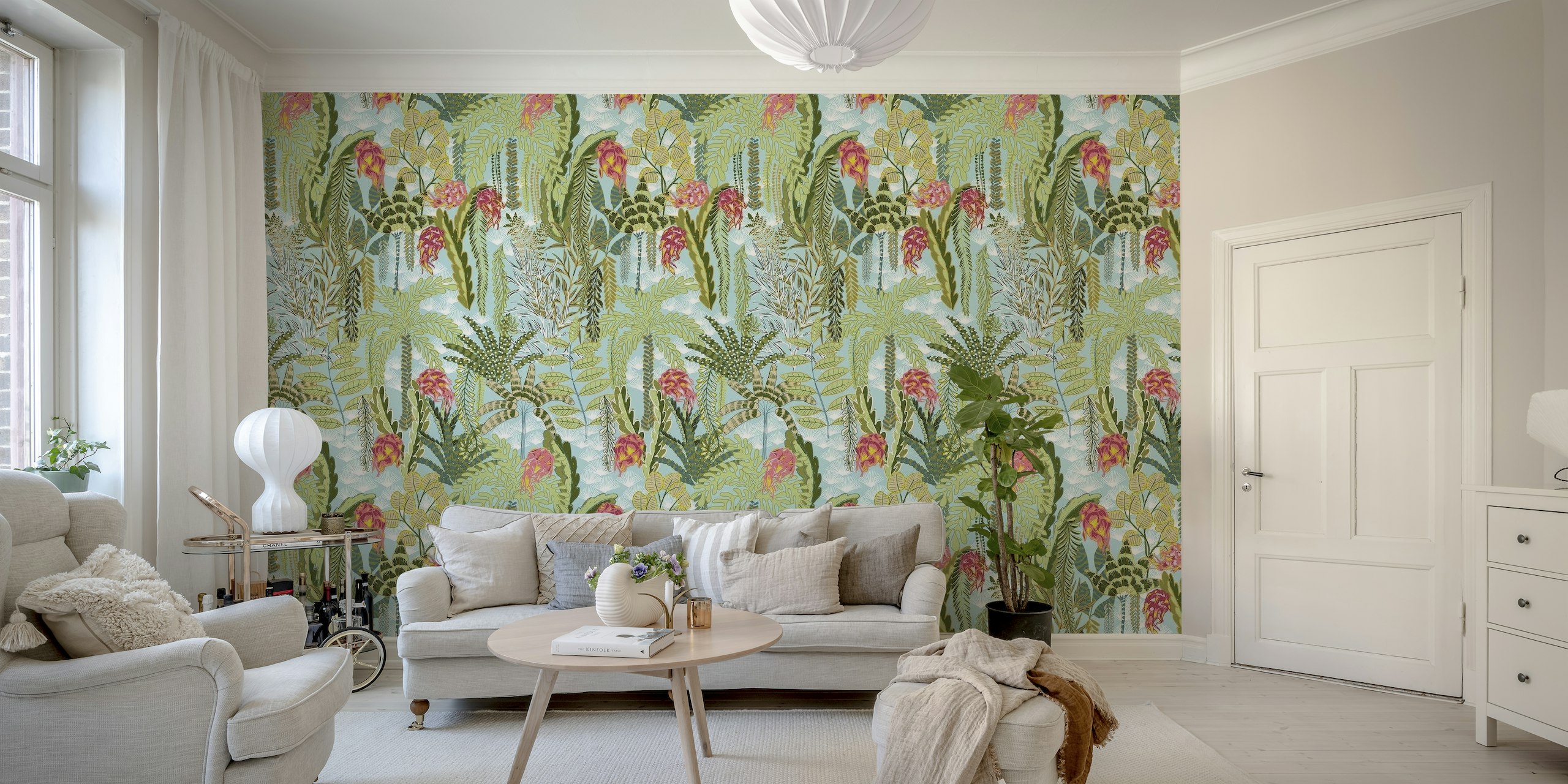 Tropical lounge with dragon fruit mint wallpaper