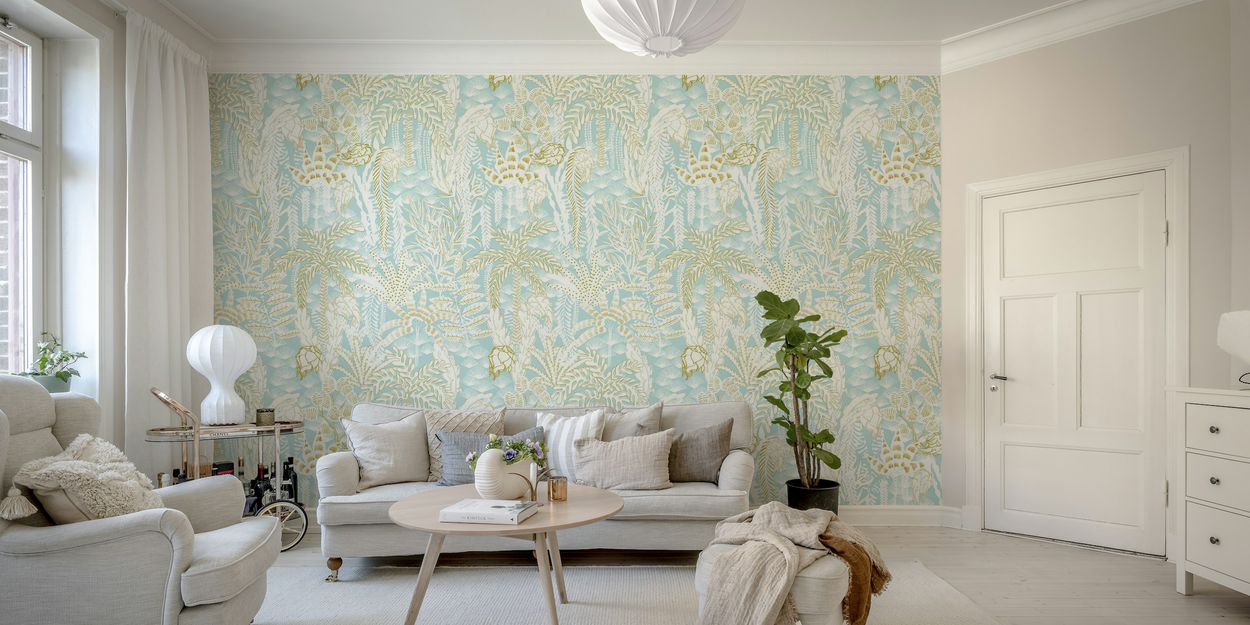 Tropical lounge warm white and aqua wallpaper