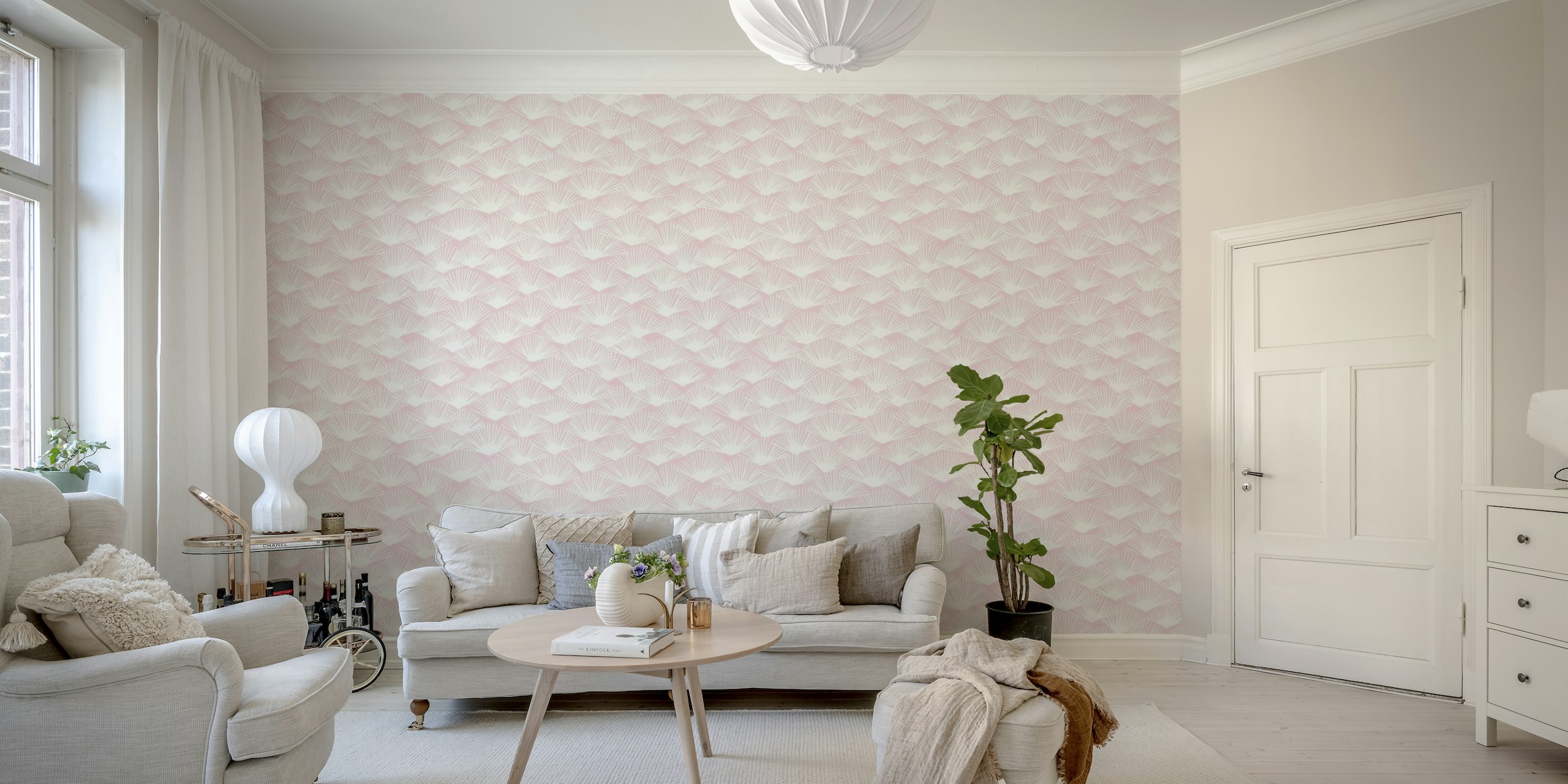 Abstract palmbladpatroon in roze kwartsroze tinten muurschildering