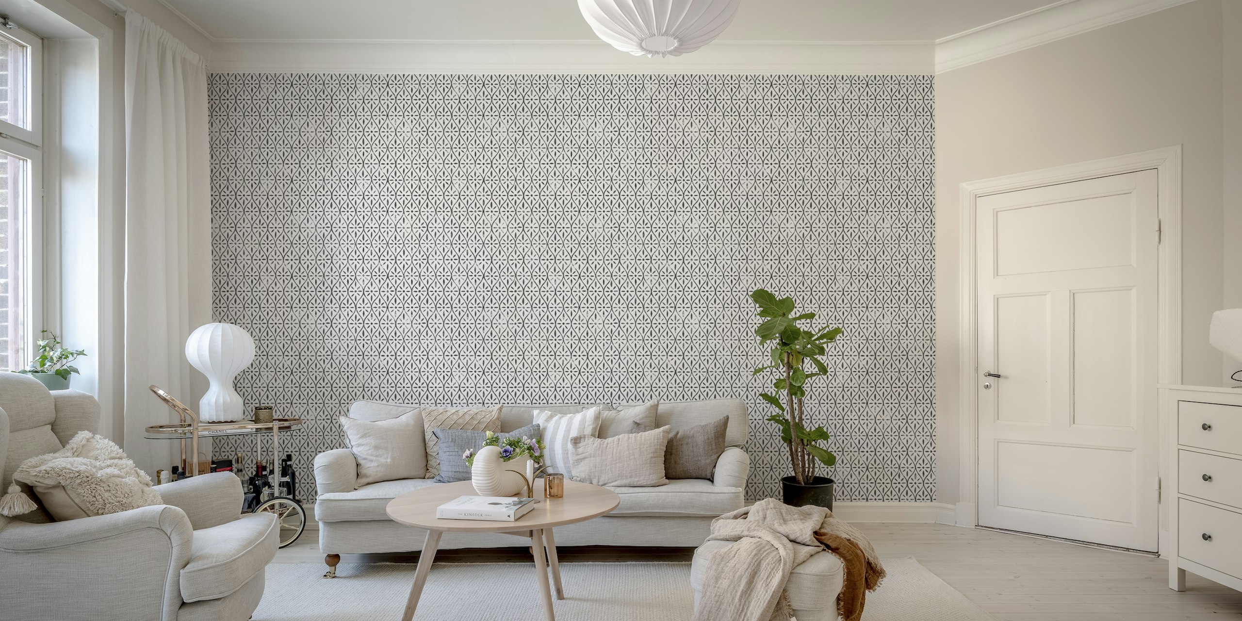 Tidløs Azuleo Tiles veggmaleri med svart og hvitt middelhavsinspirert mønster