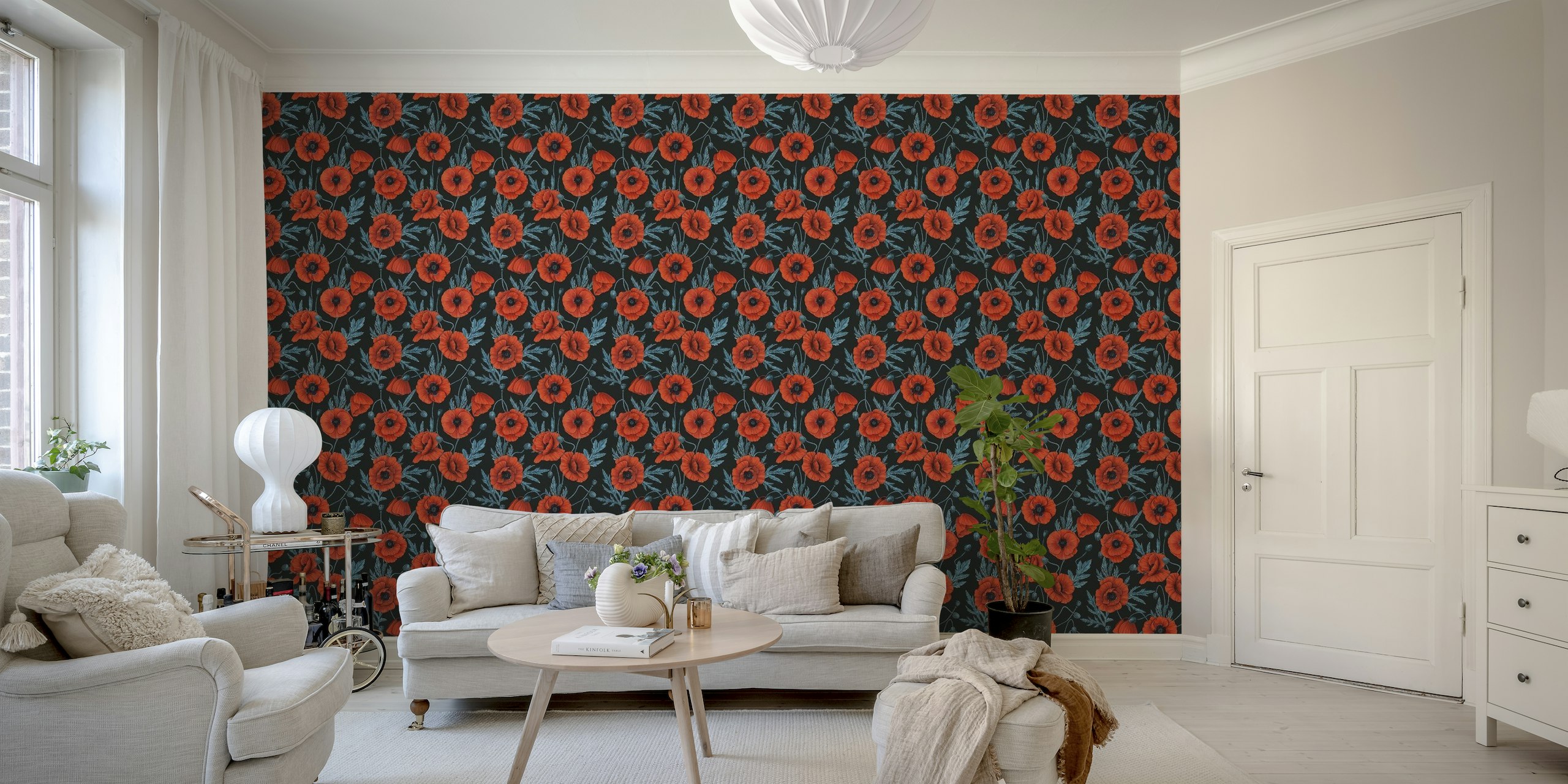 Poppies, red and blue on black wallpaper