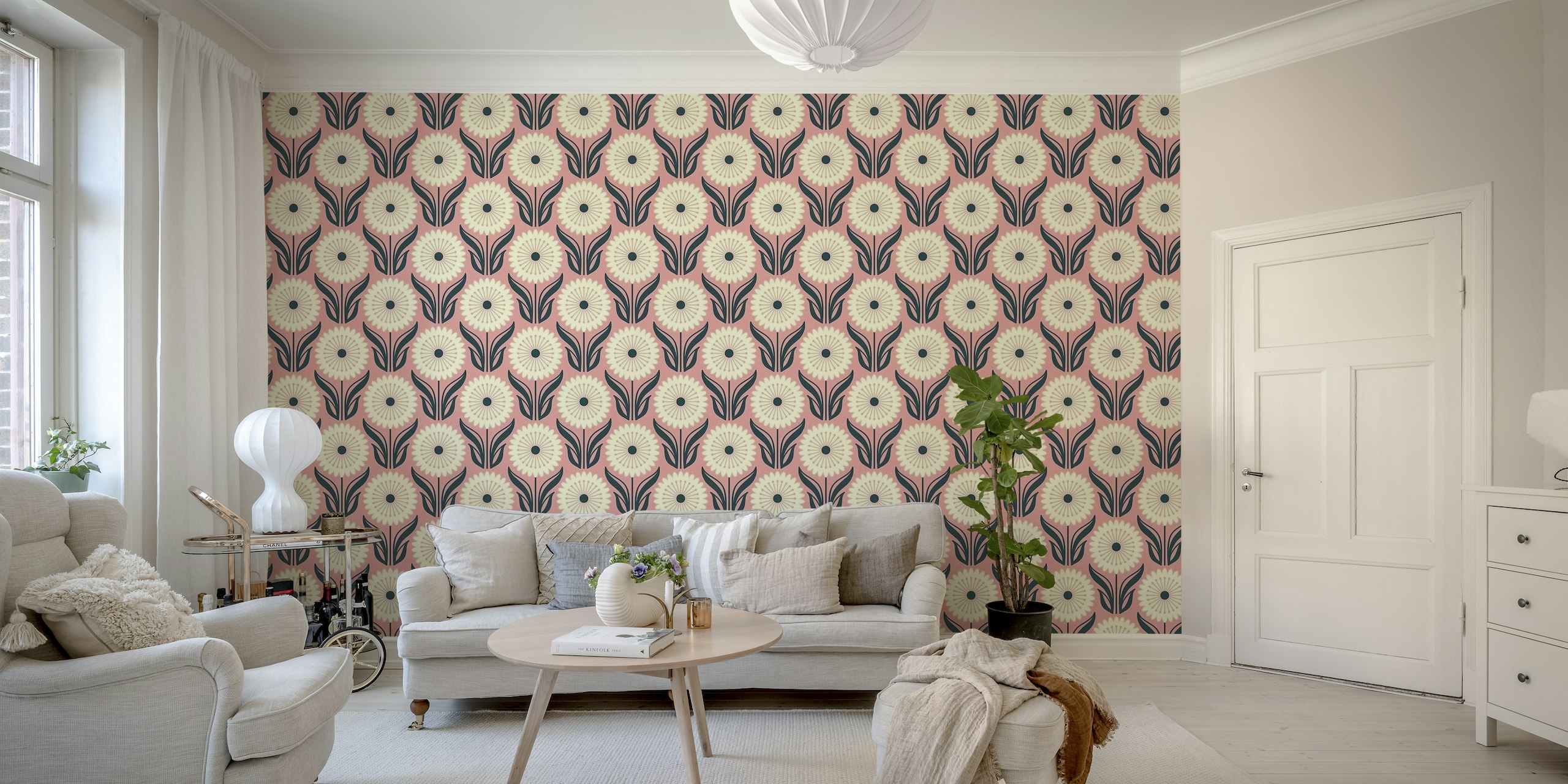 Flower Pattern Pink 2769 C wall mural with symmetrical blooms and botanical motifs on a pink background.