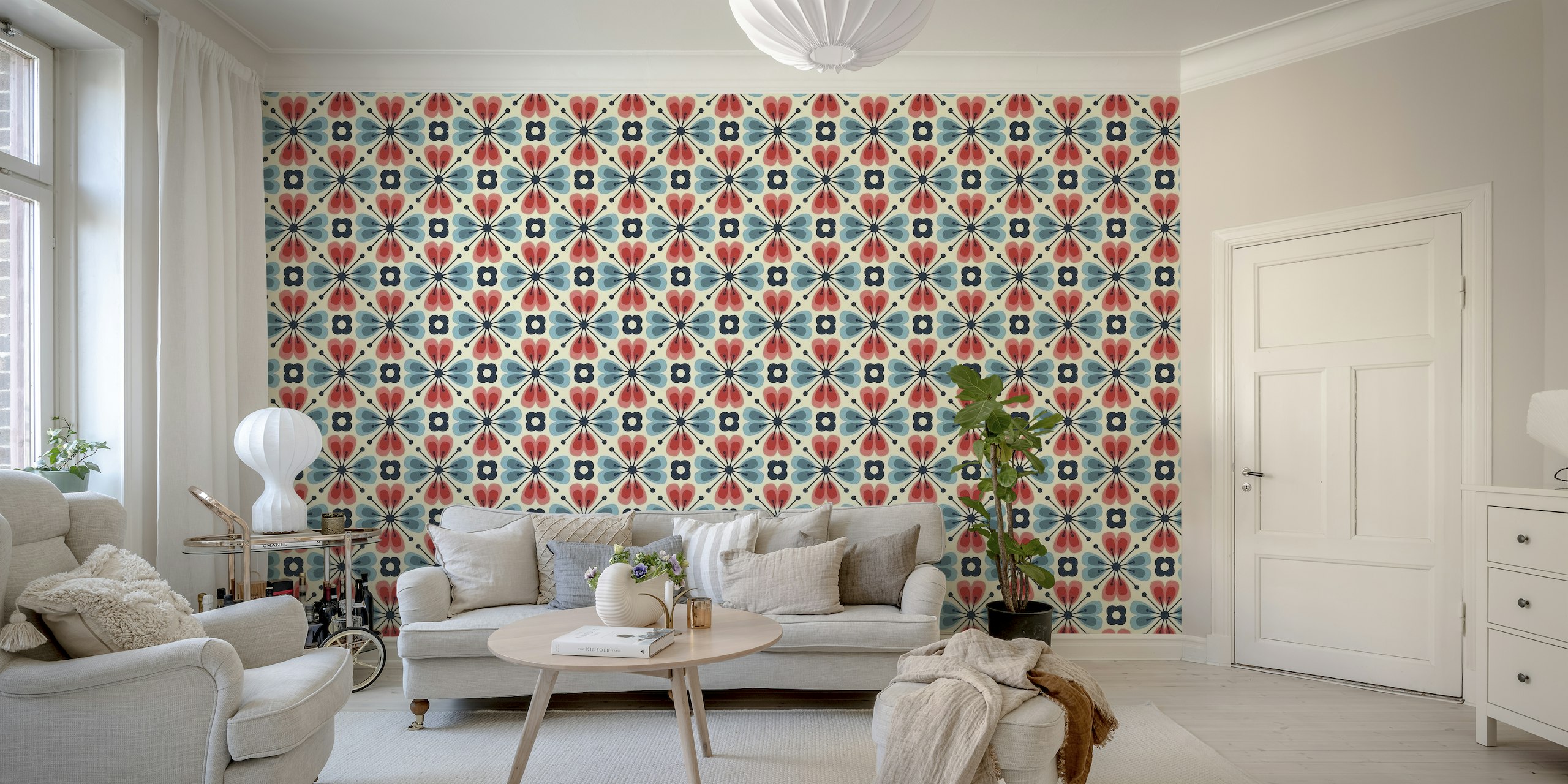 Abstract floral pattern wall mural with pink and blue colors