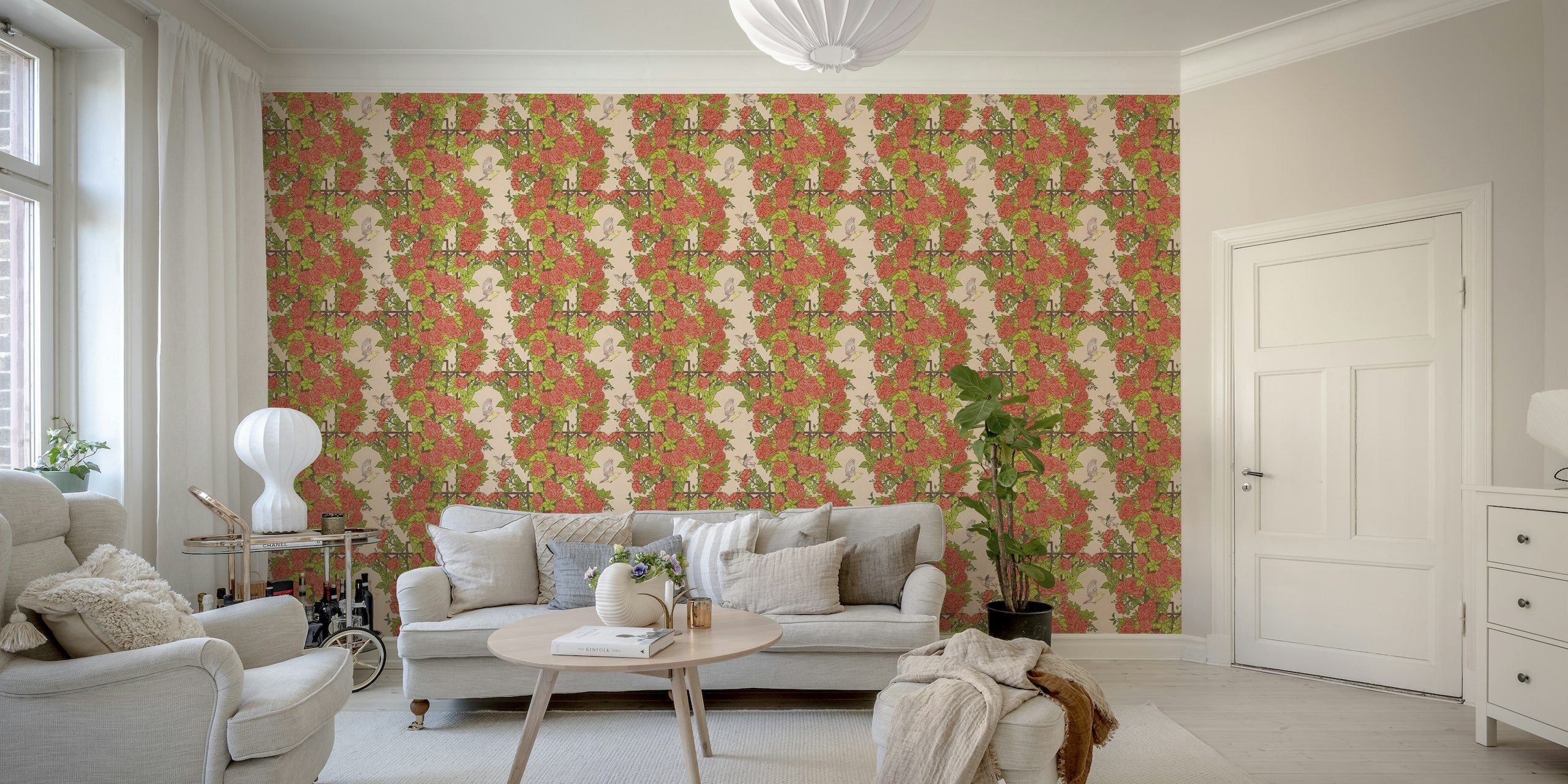 Wall mural with green vines, pink roses, and birds on a peach background