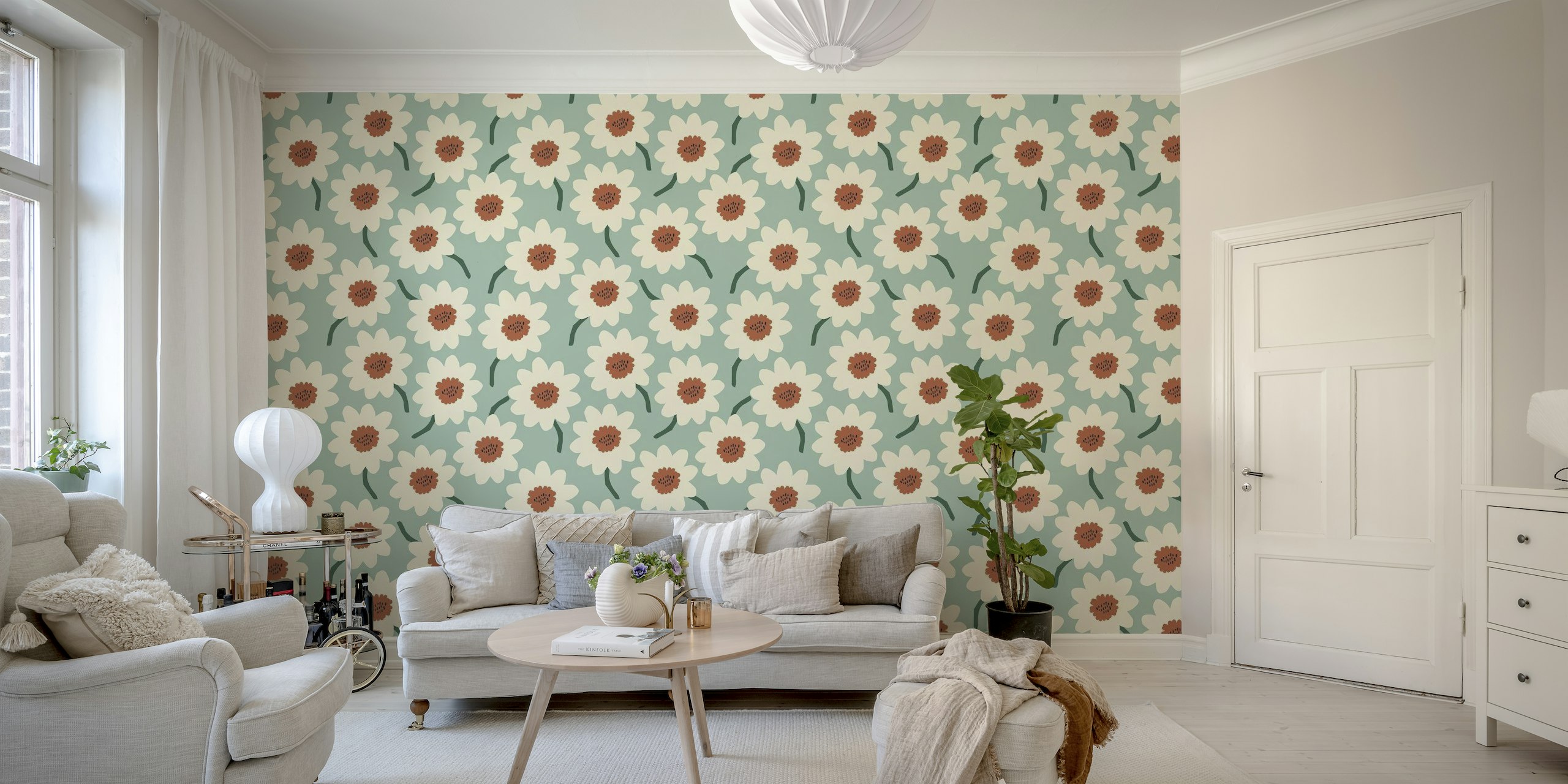 Green and rust floral wall mural pattern with daisy-like flowers
