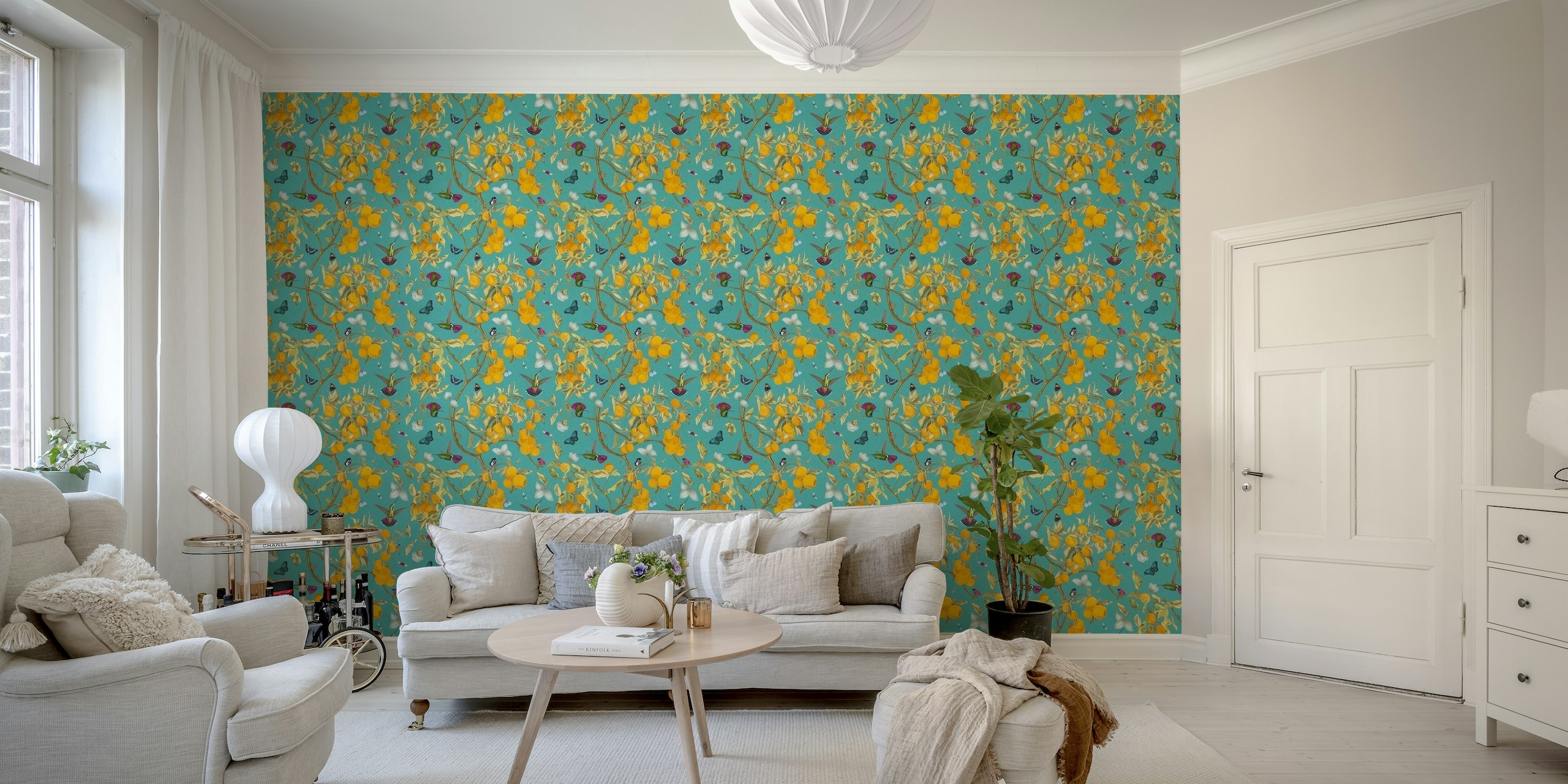 Hummingbirds, lemons and butterflies in aqua wallpaper