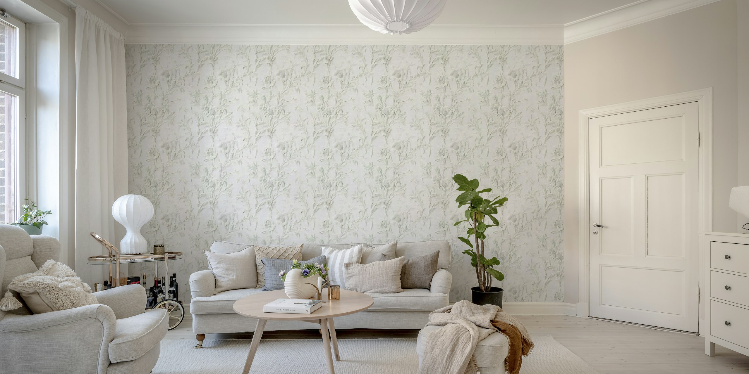 Elegante witte bloemmotief muurschildering