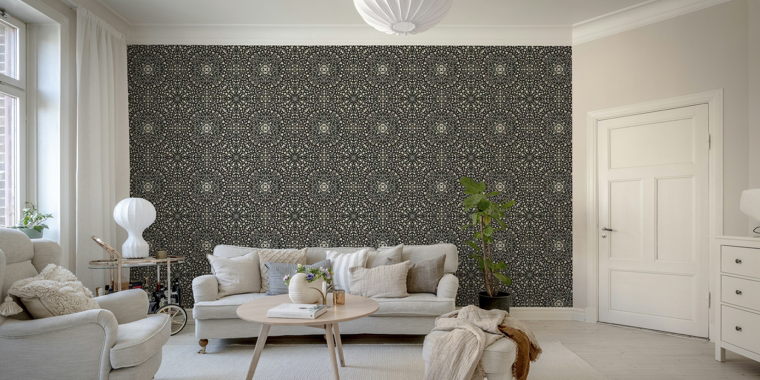 Floral love mandala black and white pattern wallpaper
