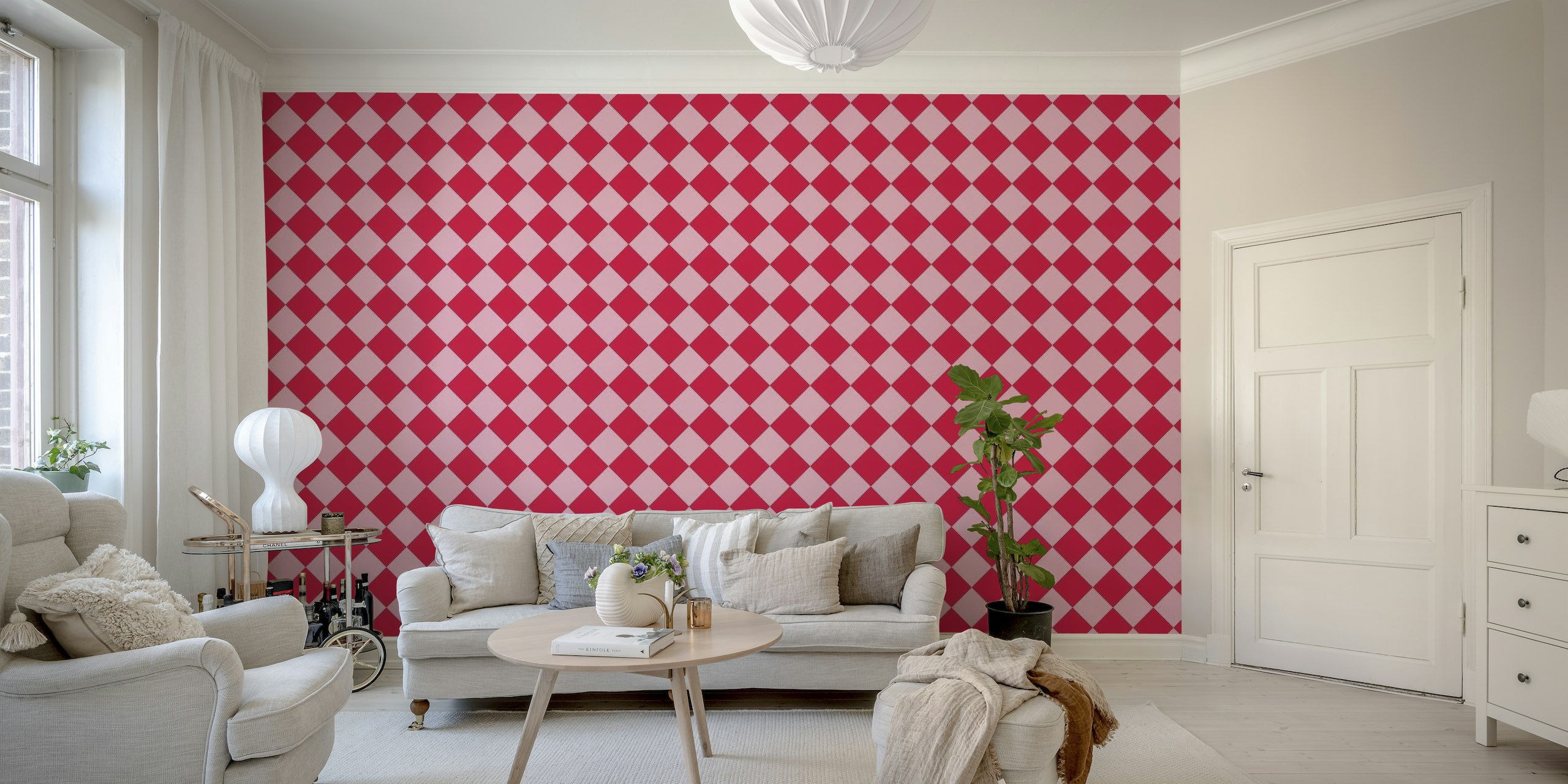 Diagonal Checkerboard Large - Pink / Red tapet