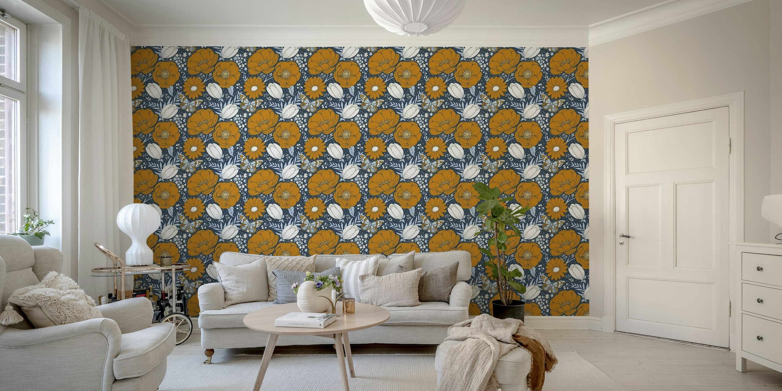 Lush flowers - ocre on navy wallpaper