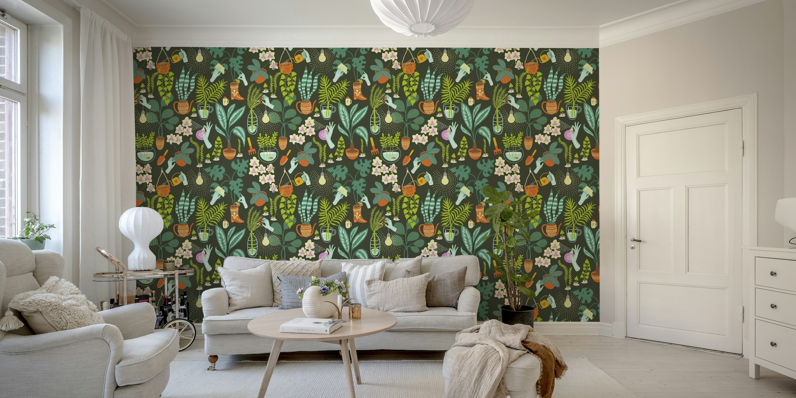 Mural de parede com tema botânico com várias plantas de interior e elementos de jardinagem