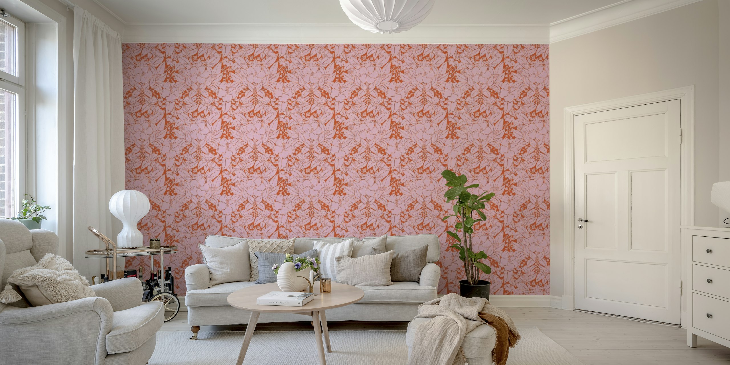 Hibiscus Damask Pattern Red wallpaper