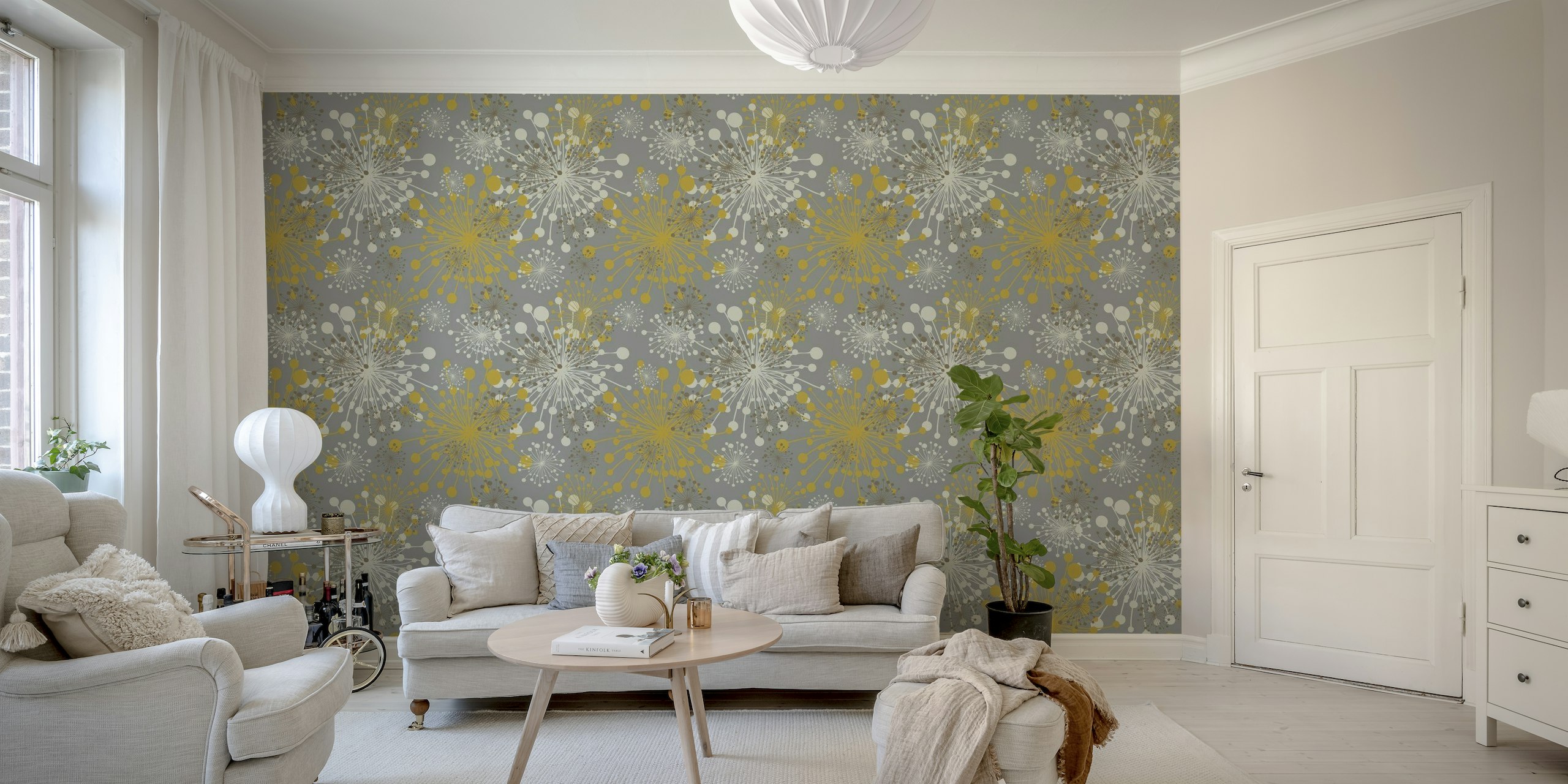 Stylish dandelions pattern wall mural in grey and mustard colors