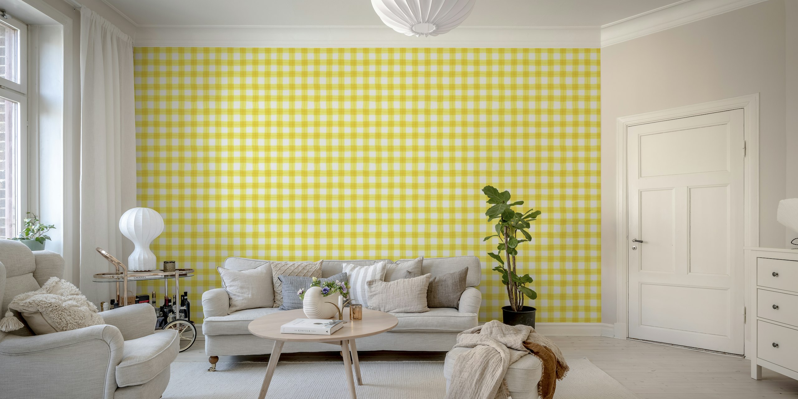 Yellow gingham pattern behang