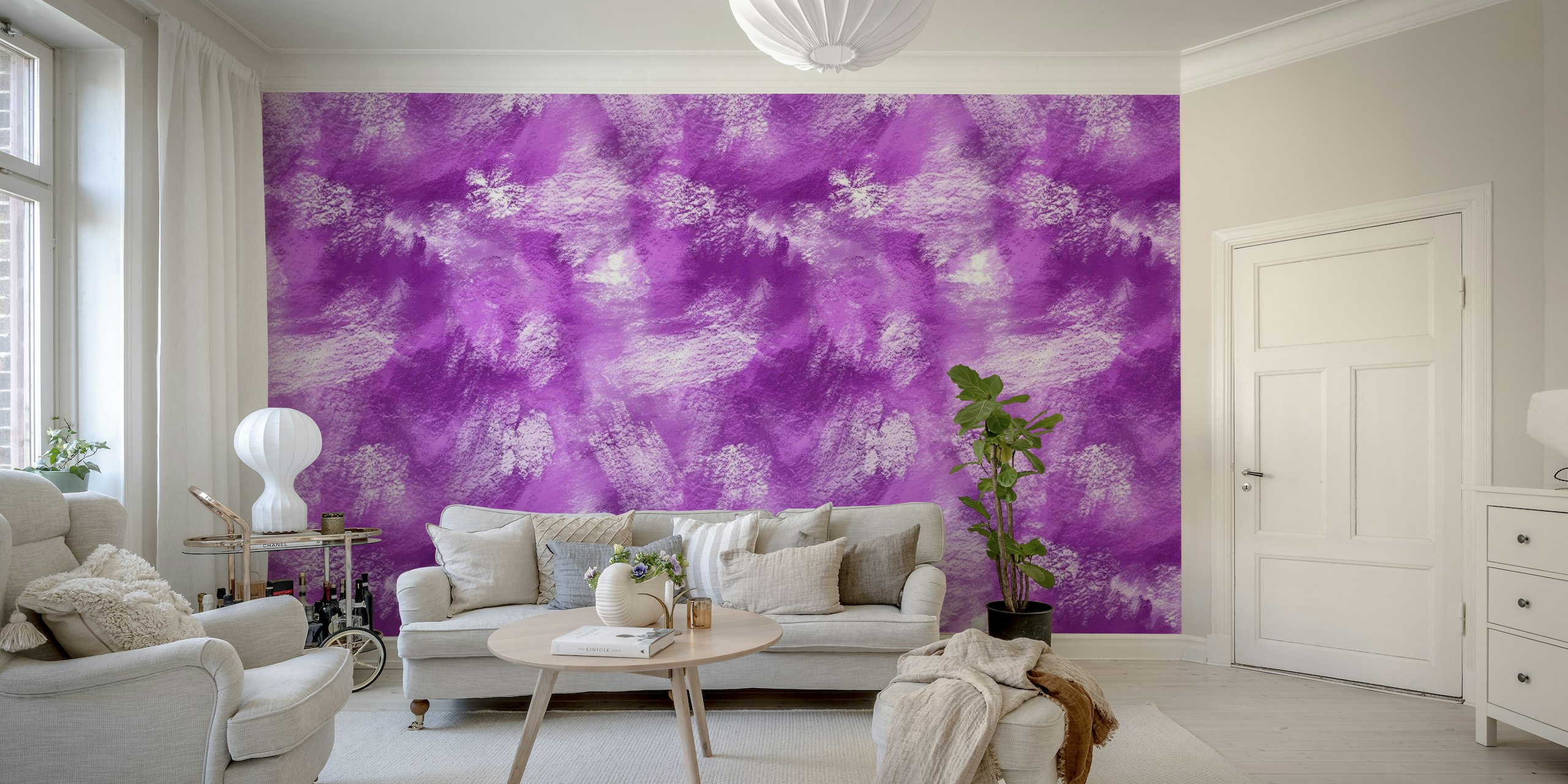 Abstract painterly background wall mural in shades of magenta and white.