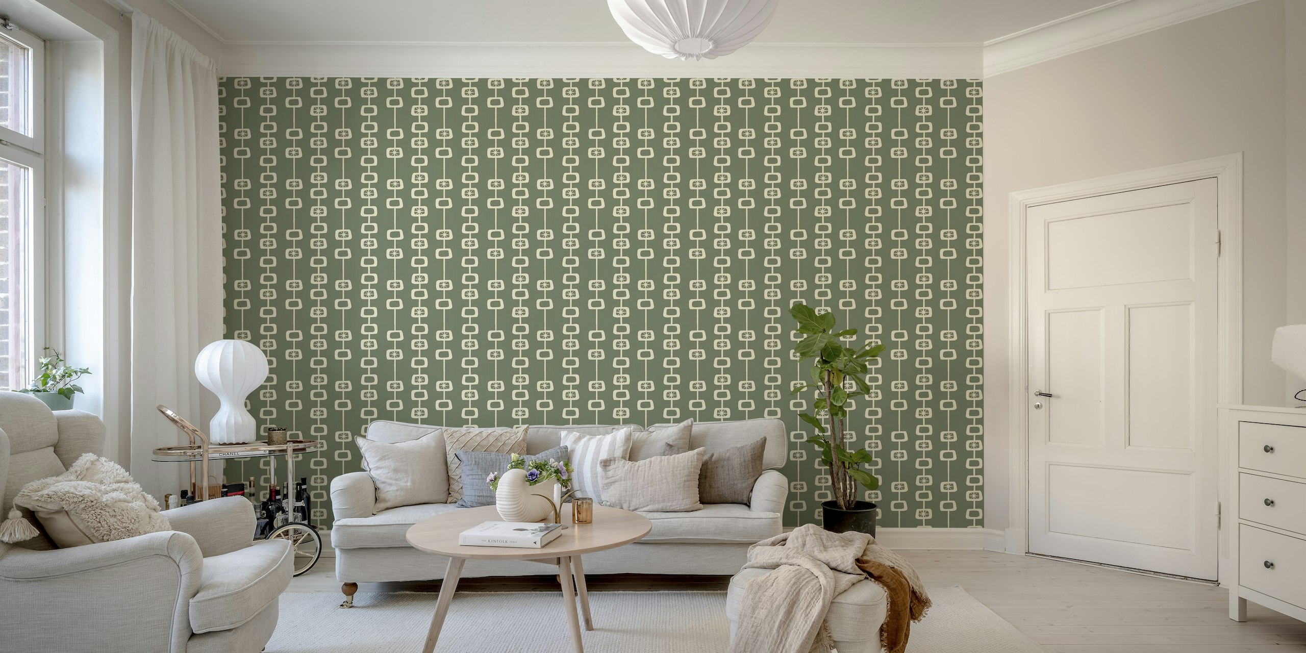 Mid Century Atomic Orbs Grey Green Linen wallpaper