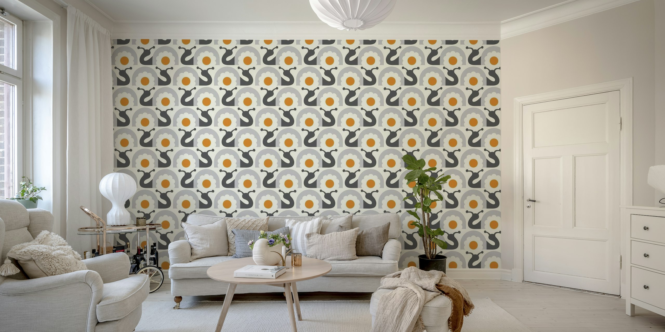 Retro snails with flowers, grey yellow (2754E) behang