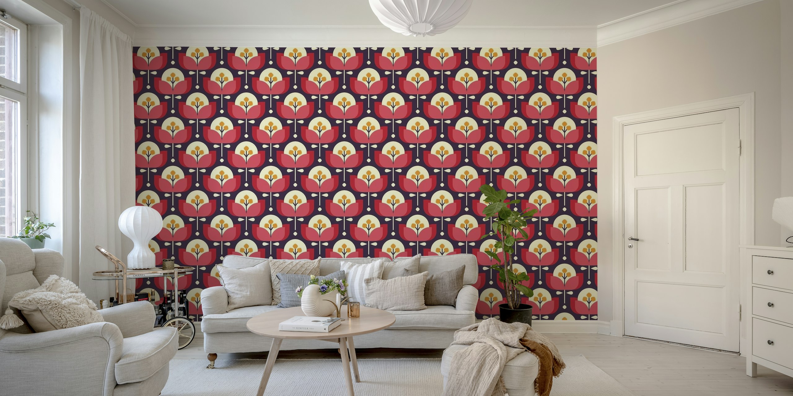 Scandinavian geometric flowers pattern, red (2756E) wallpaper