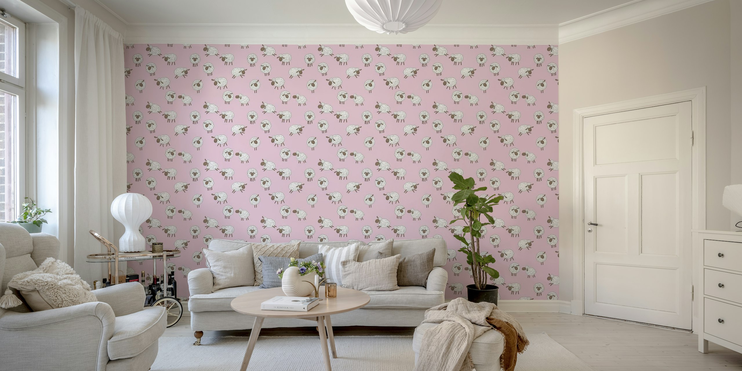 Counting sheep on baby pink wallpaper