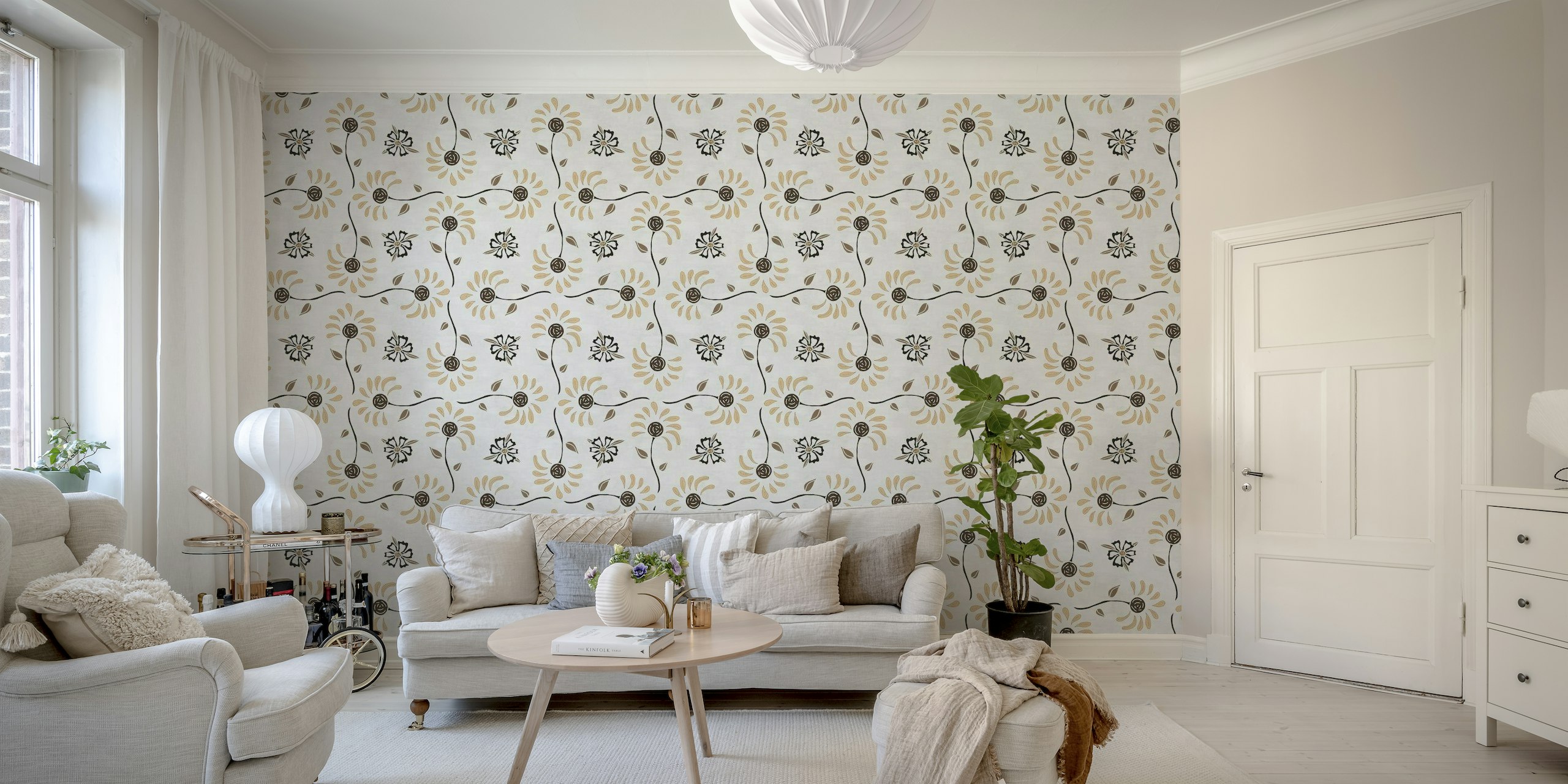 Vintage Floral Pattern wall mural with a pearl background and gray accents