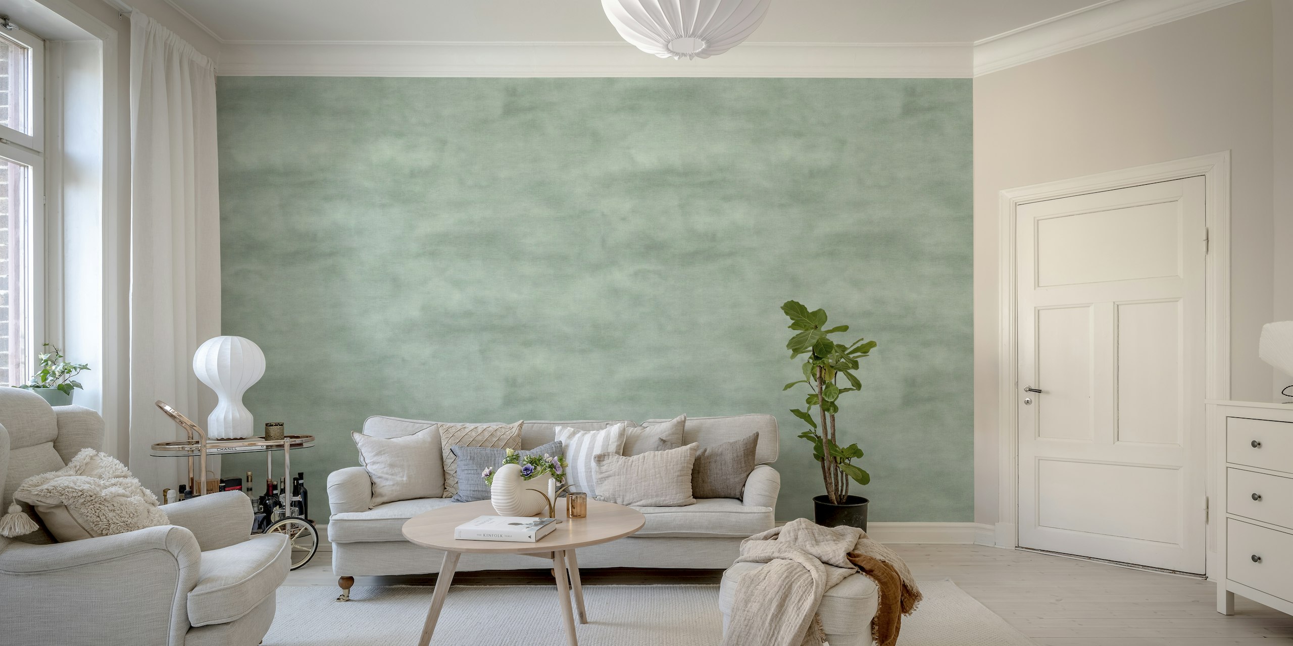 Sage green abstract watercolor wall mural with canvas texture