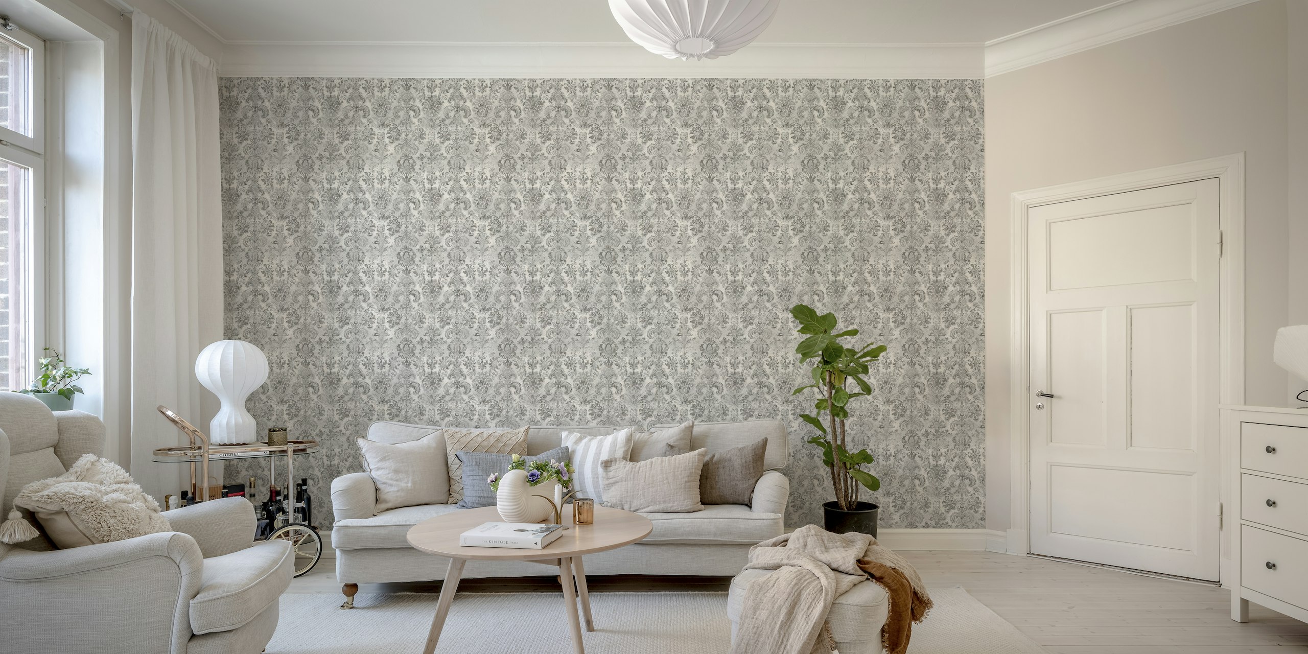 Grunge damask pattern wall mural in shades of cappuccino, grey, and cream