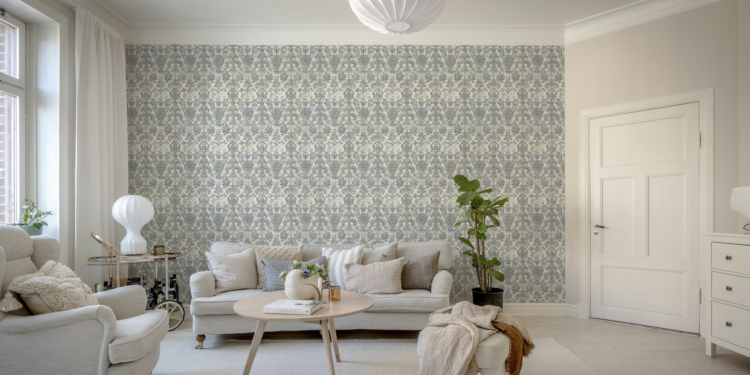 Grunge damask pattern mauve slate blue cream wallpaper