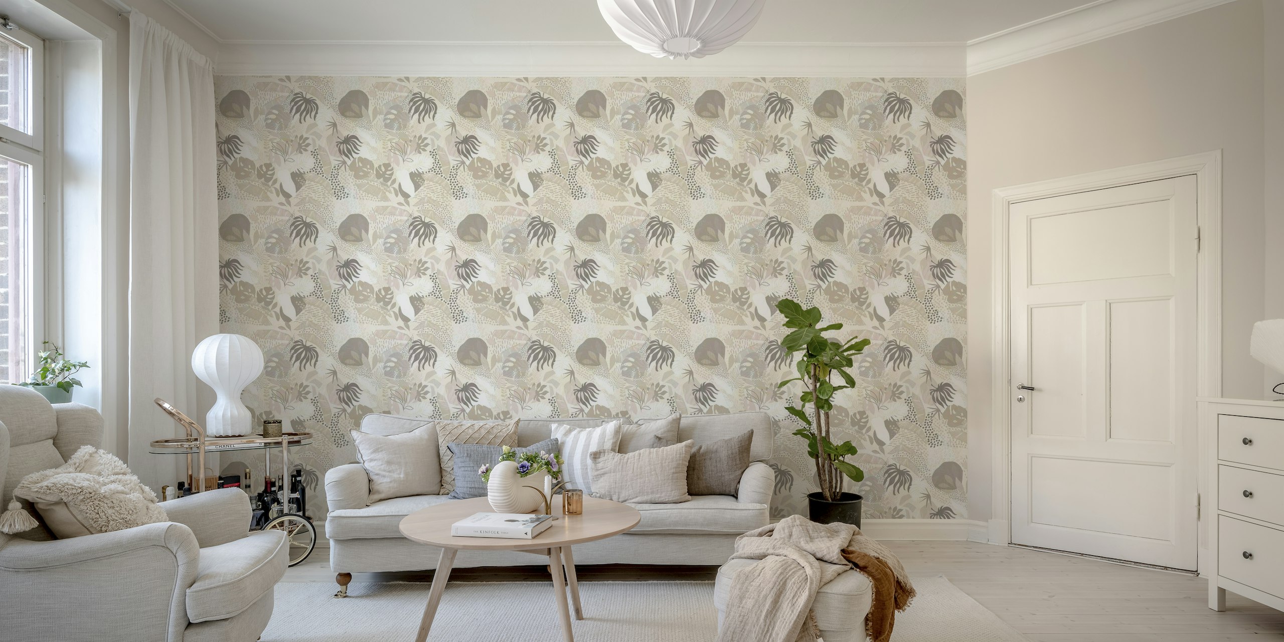 fotomural vinílico de parede de folhagem boho tropical em tons claros com motivos botânicos sutis