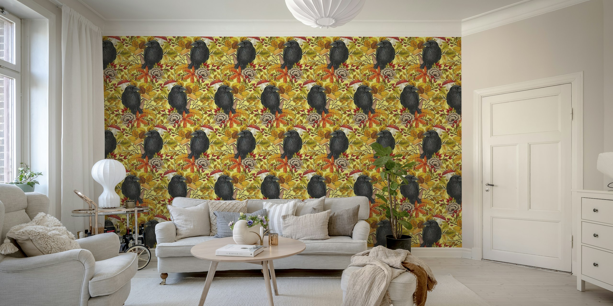 Autumn raven on yellow wallpaper