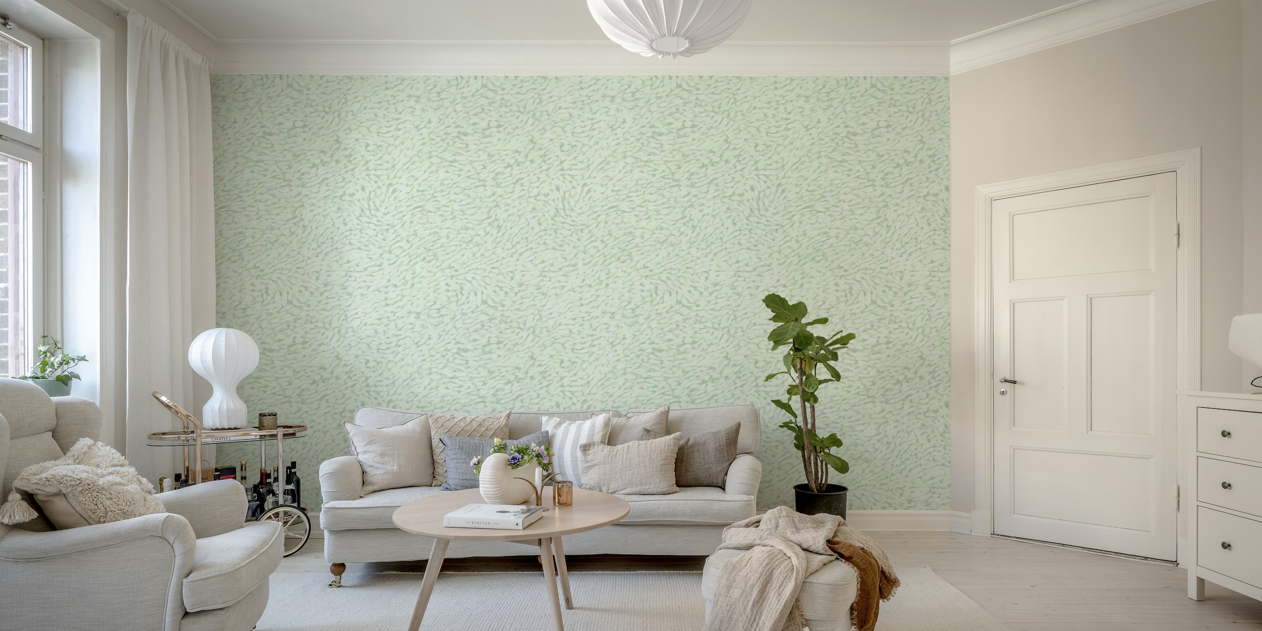 Green textured wall mural with flowing abstract pattern