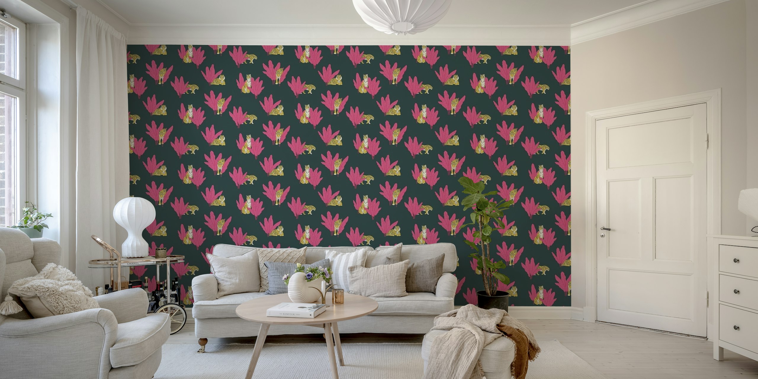 Illustrated tigers and pink plants on a charcoal background wall mural