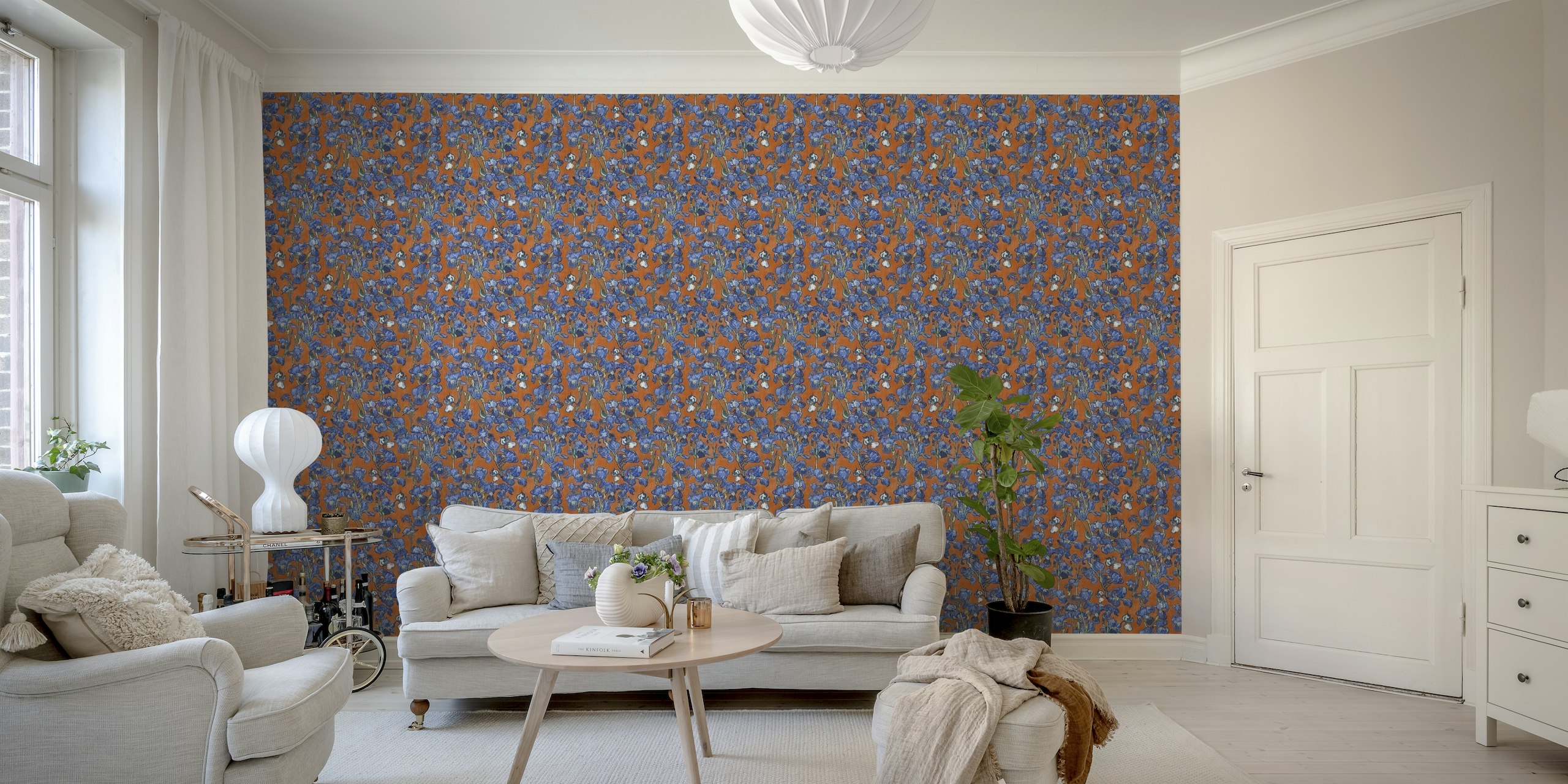 Van Gogh Irises Pattern in orange and cobalt blue wallpaper