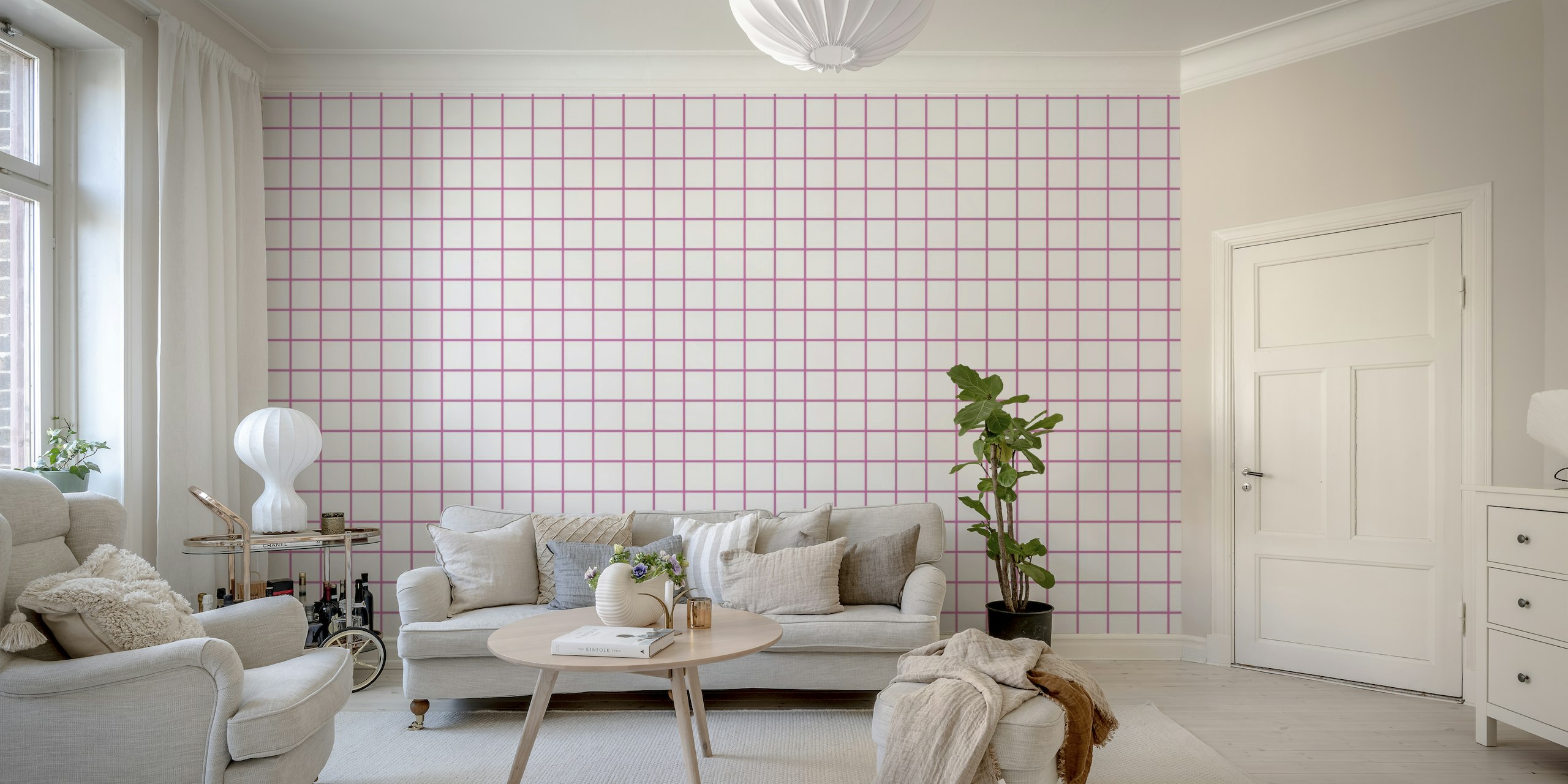 Pink on white grid wallpaper