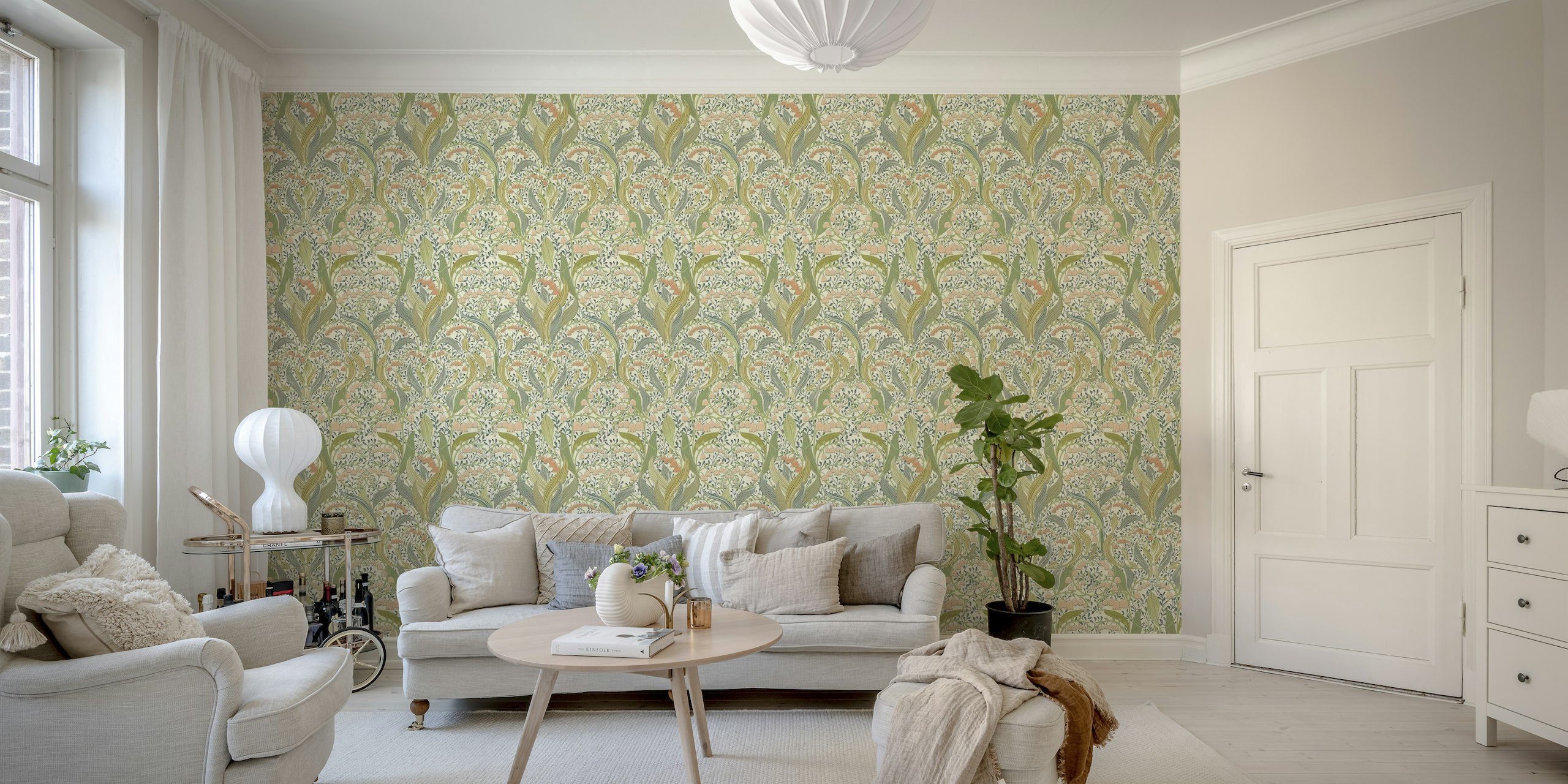 William Morris style lily of the valley light wallpaper