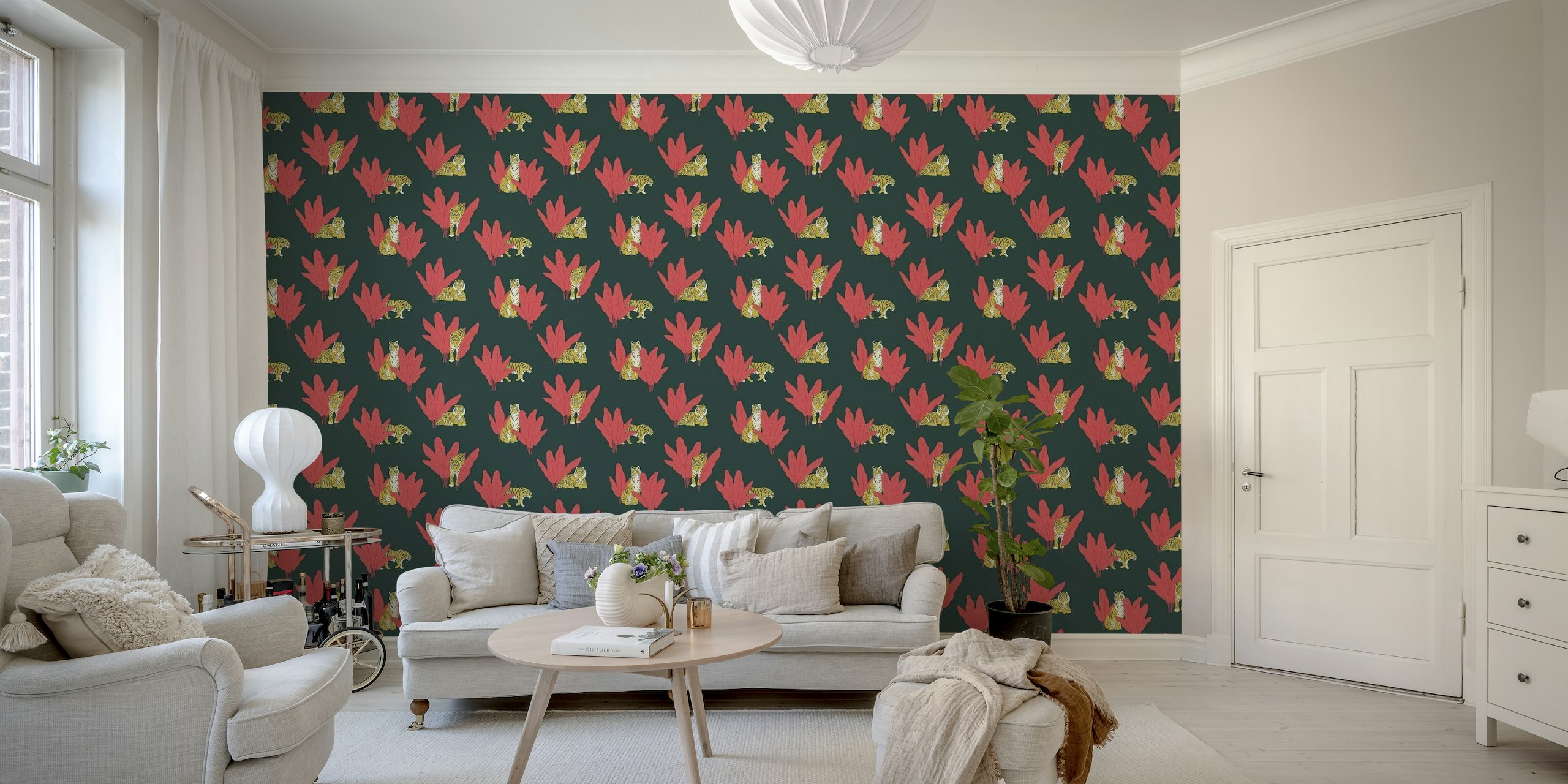 Wandering Tiger - Coral on Charcoal wallpaper