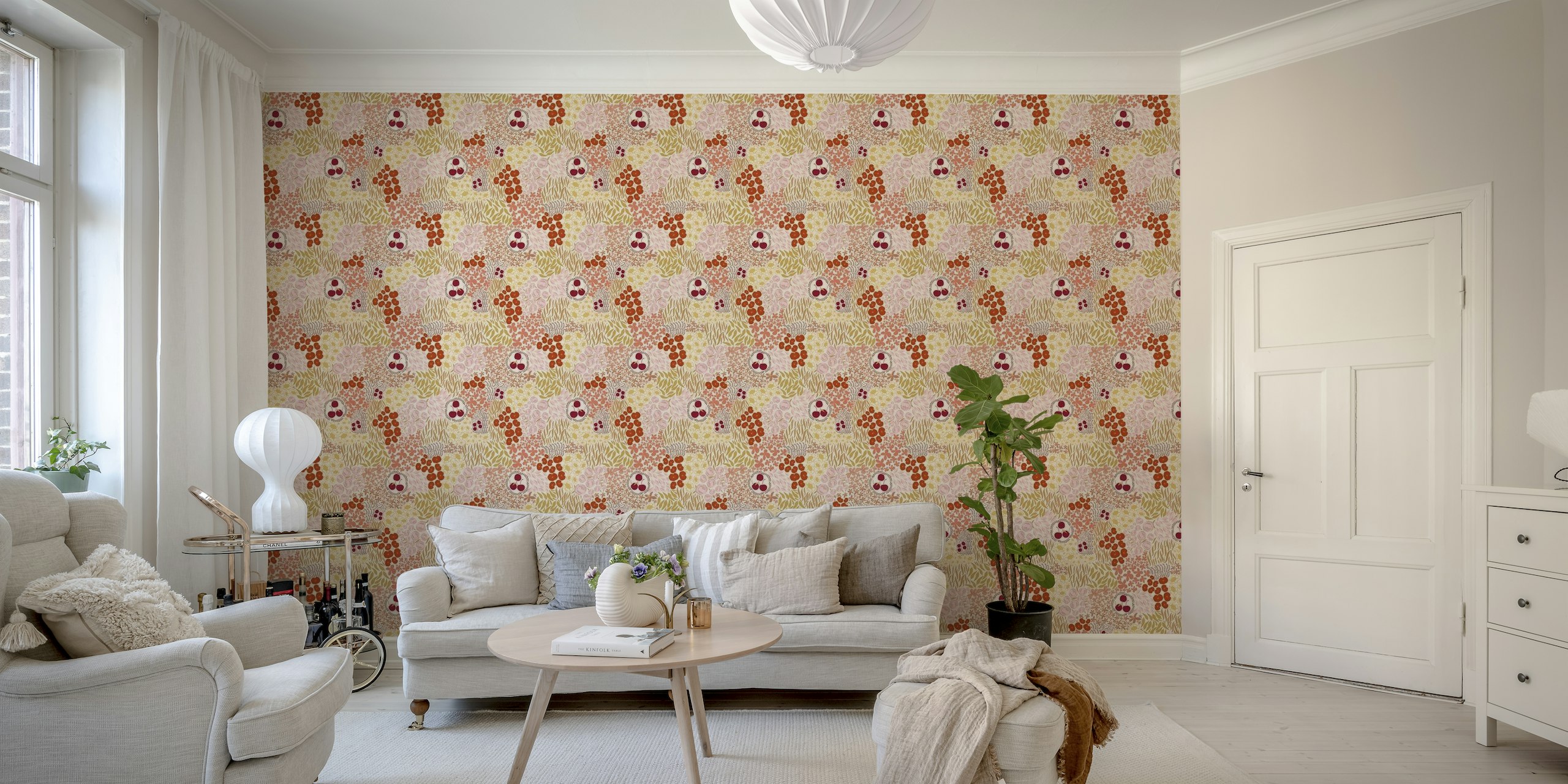 Hand-drawn floral and cherry wall mural with pink and coral flowers on a neutral background