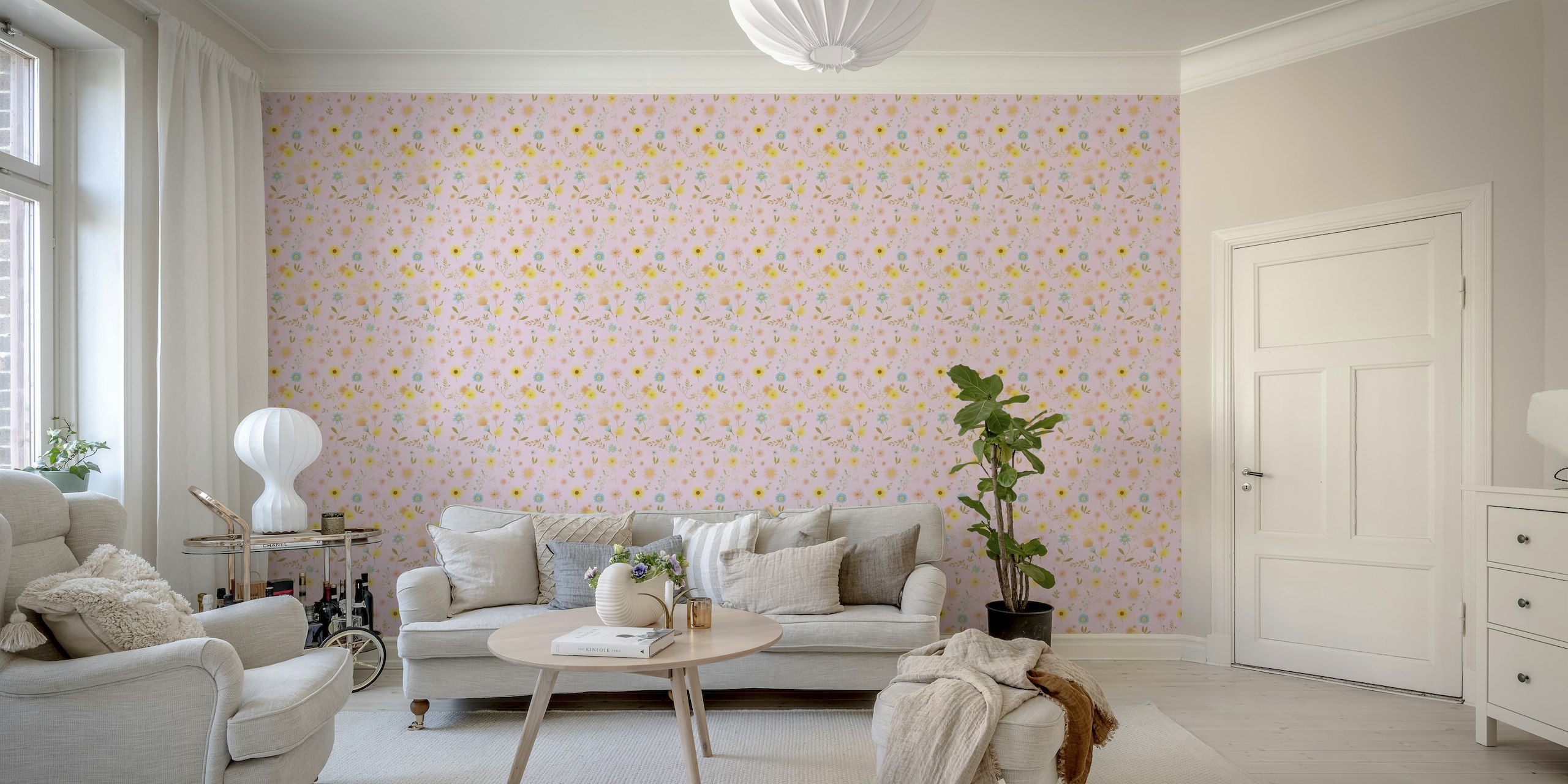 Pastel-colored floral wall mural on a rose pink background