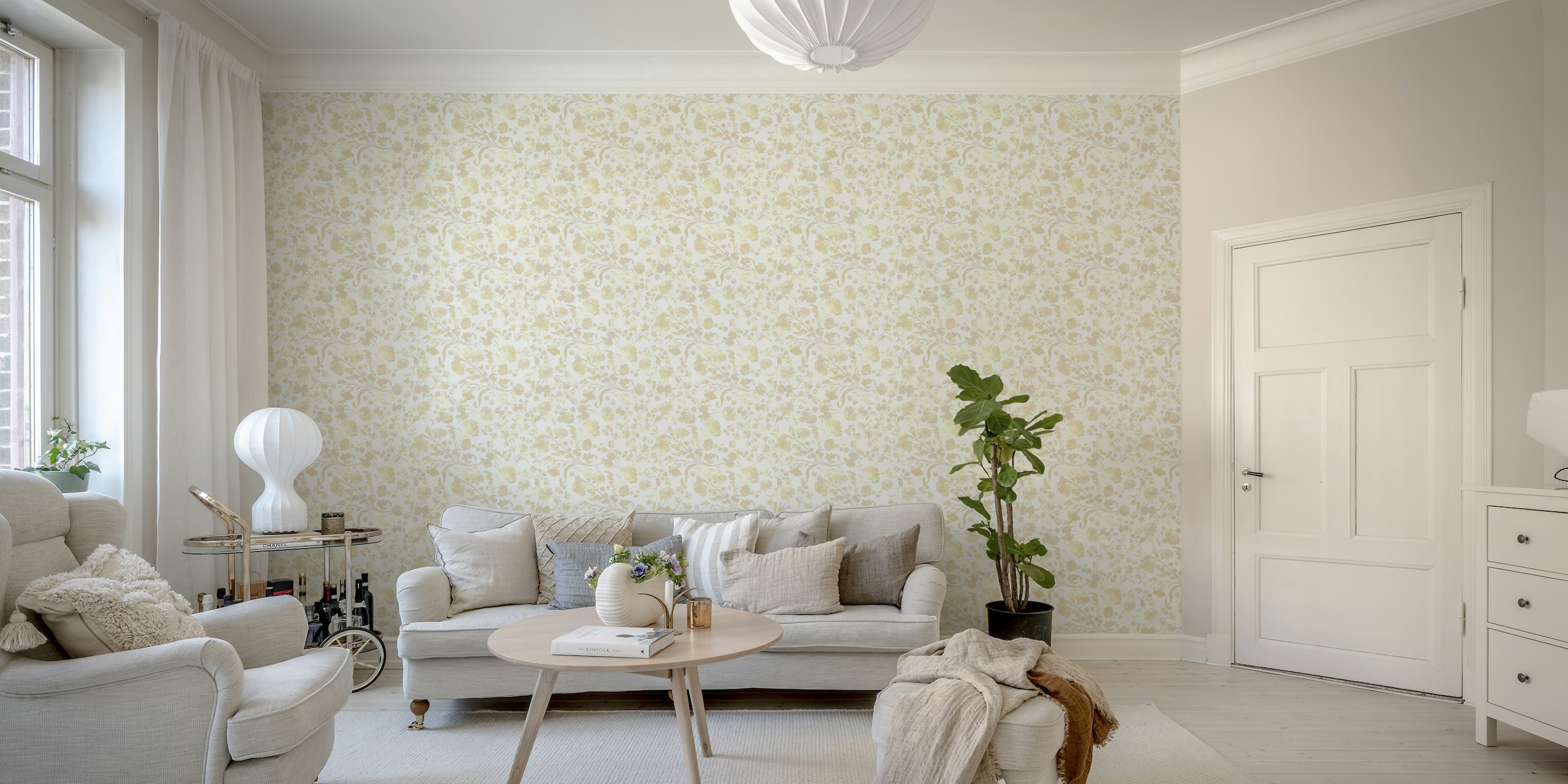 Textured sunny yellow floral behang