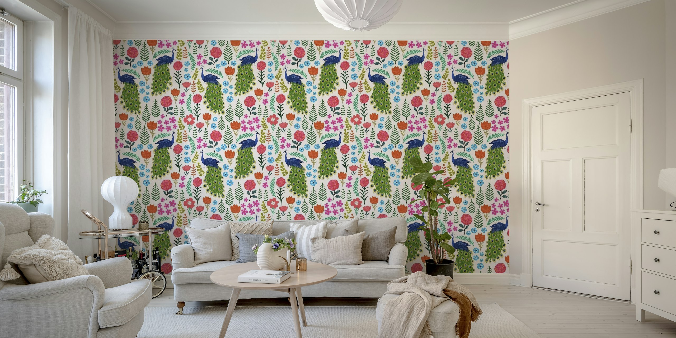 Peacock Floral Garden wall mural with vibrant flowers and peacock illustrations