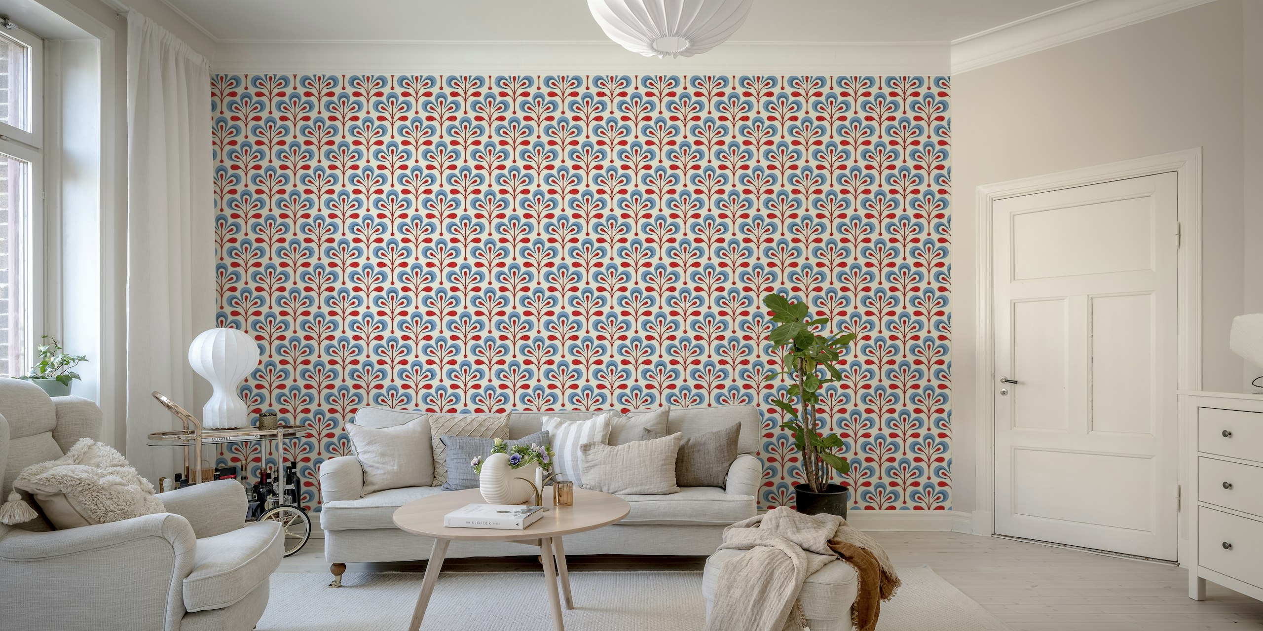 2686 C - retro floral pattern, red / blue wallpaper