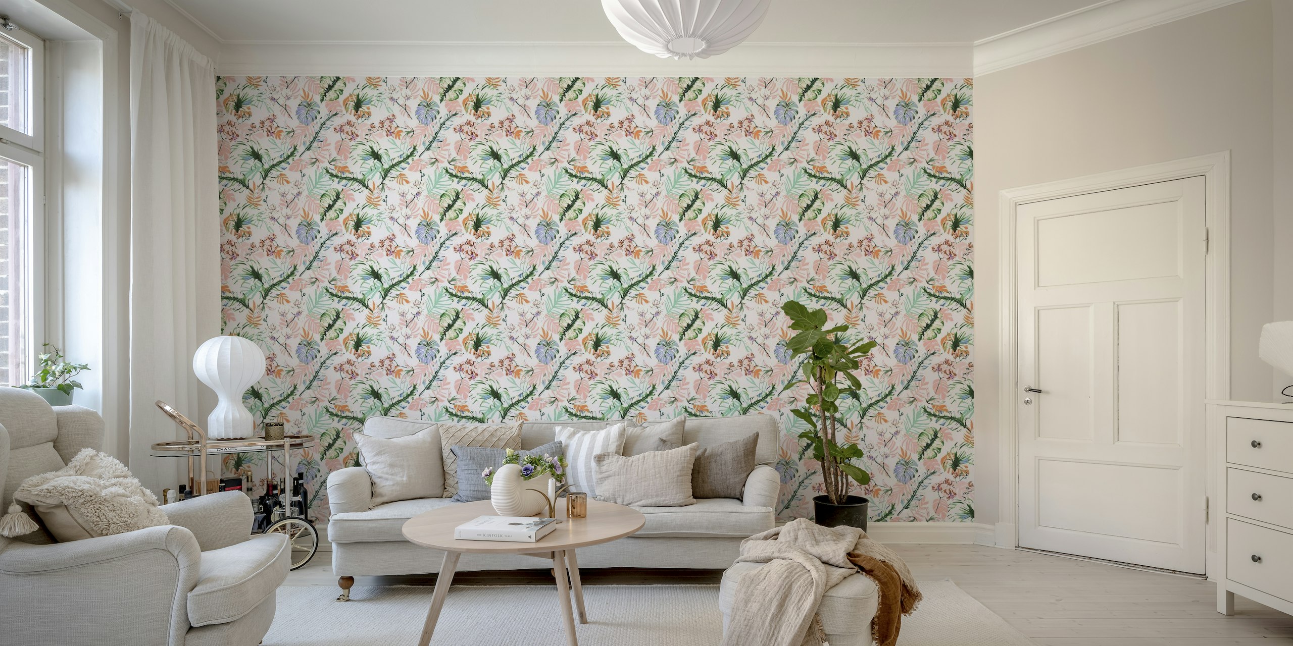 Pastel-colored jungle-themed wall mural with a variety of tropical leaves and flowers
