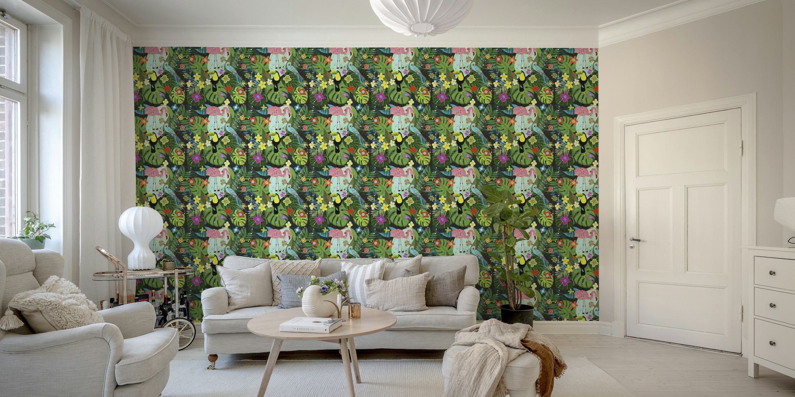Tropical flowers and birds black wallpaper