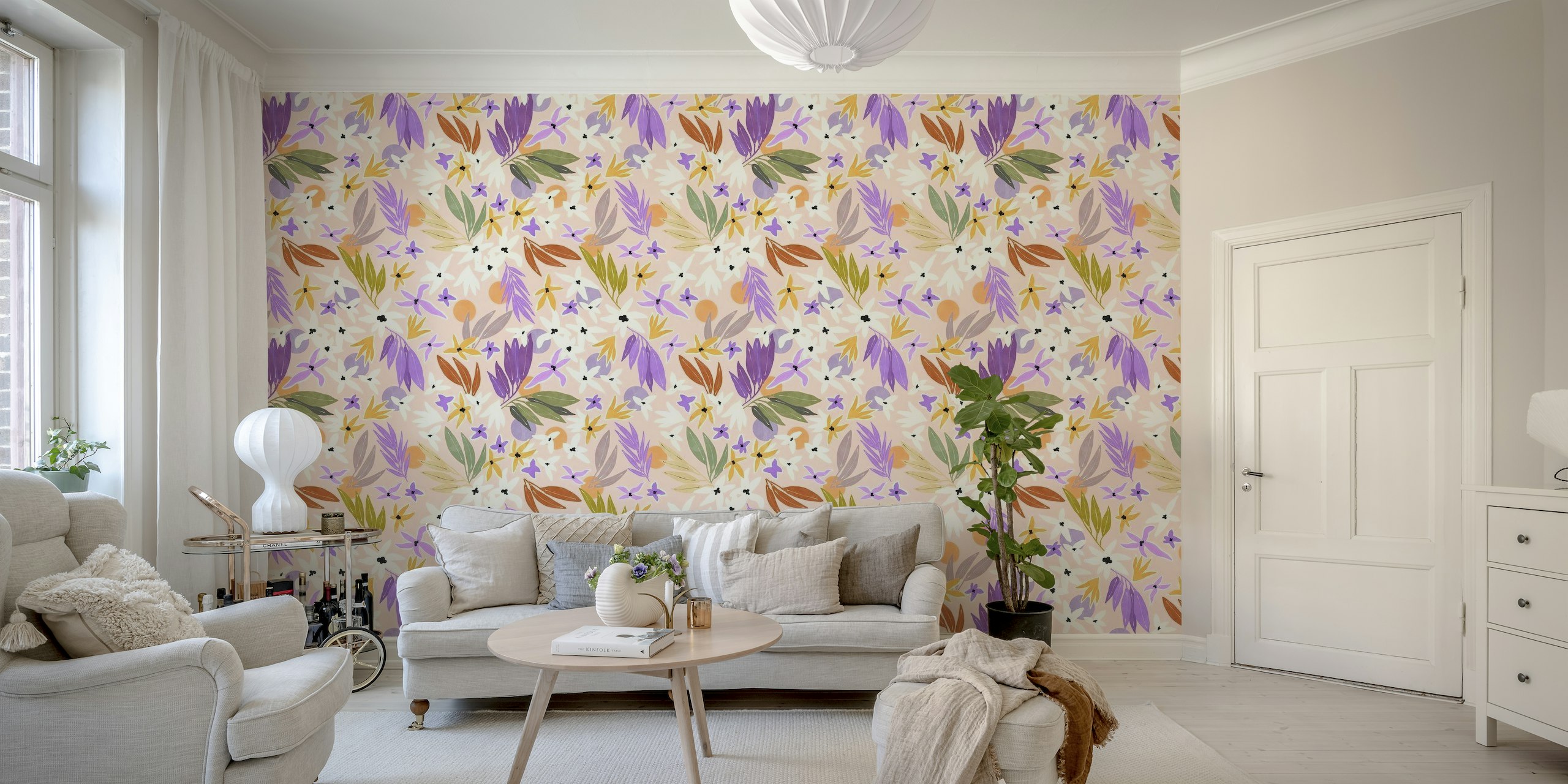 Floral wall mural with colorful, hand-painted style flowers on a warm background
