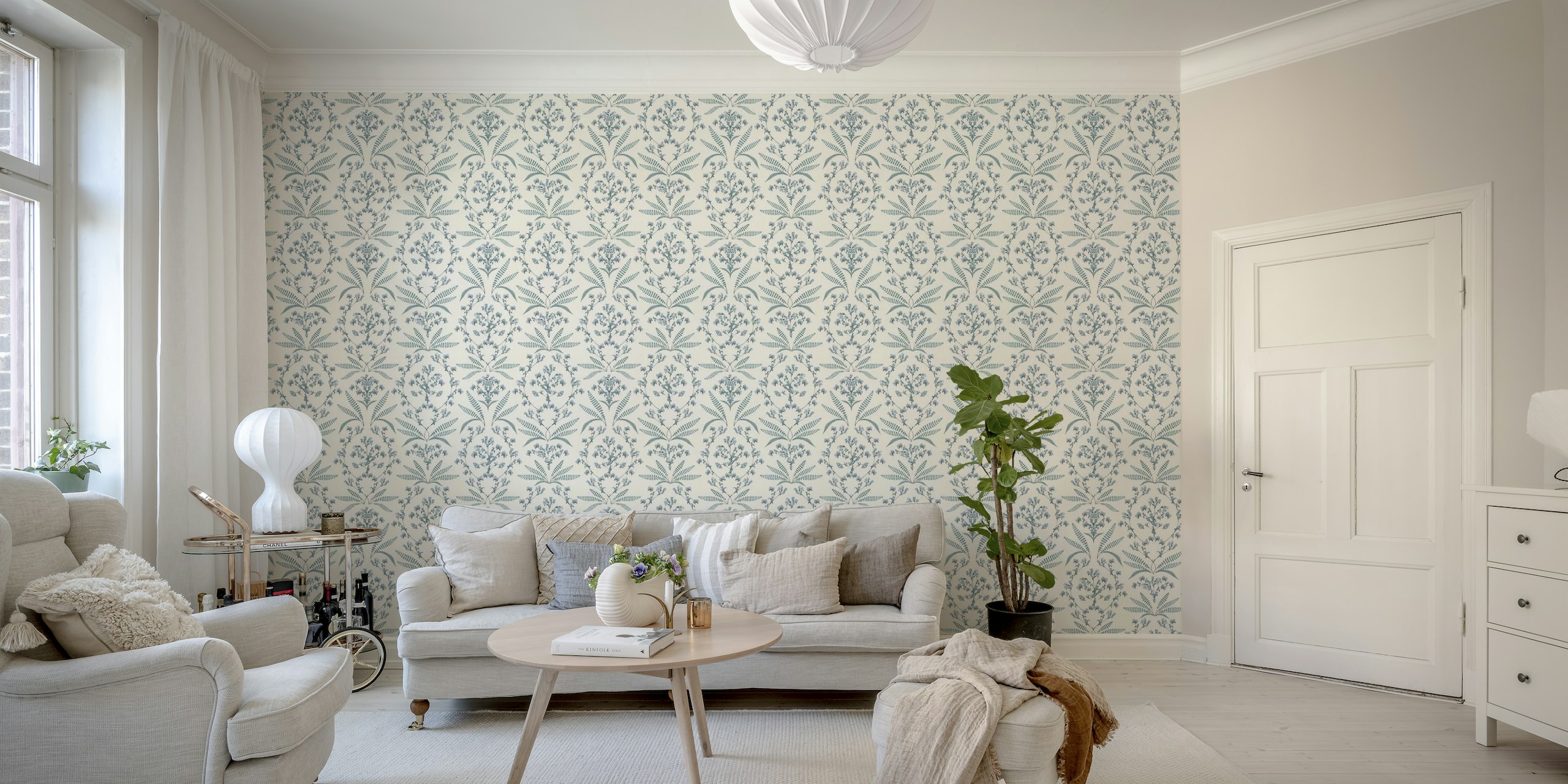 Rustic cottage floral damask cyan blue wallpaper