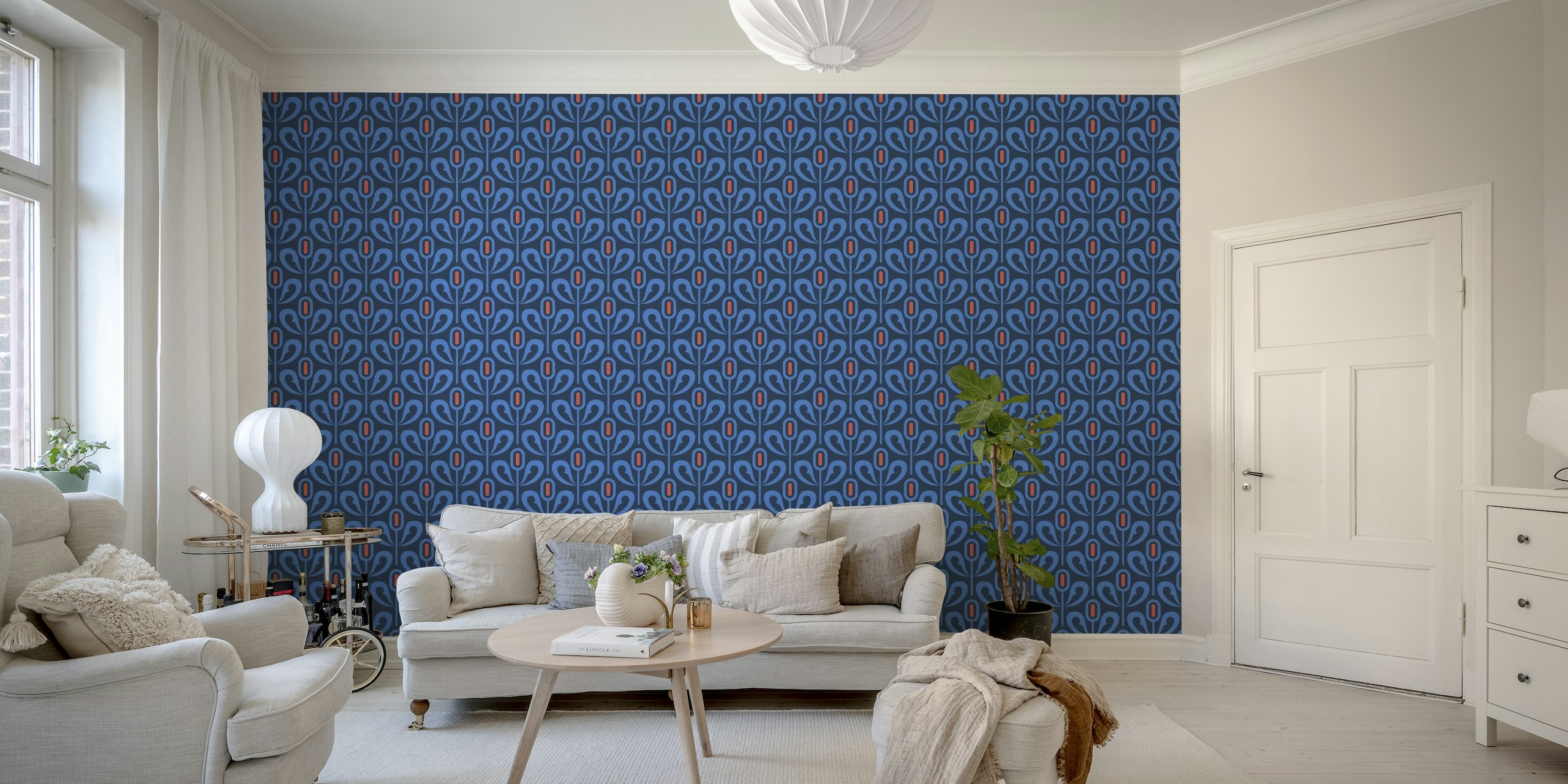 Blå abstrakt blomstret vægmaleri med røde accenter fra Happywall