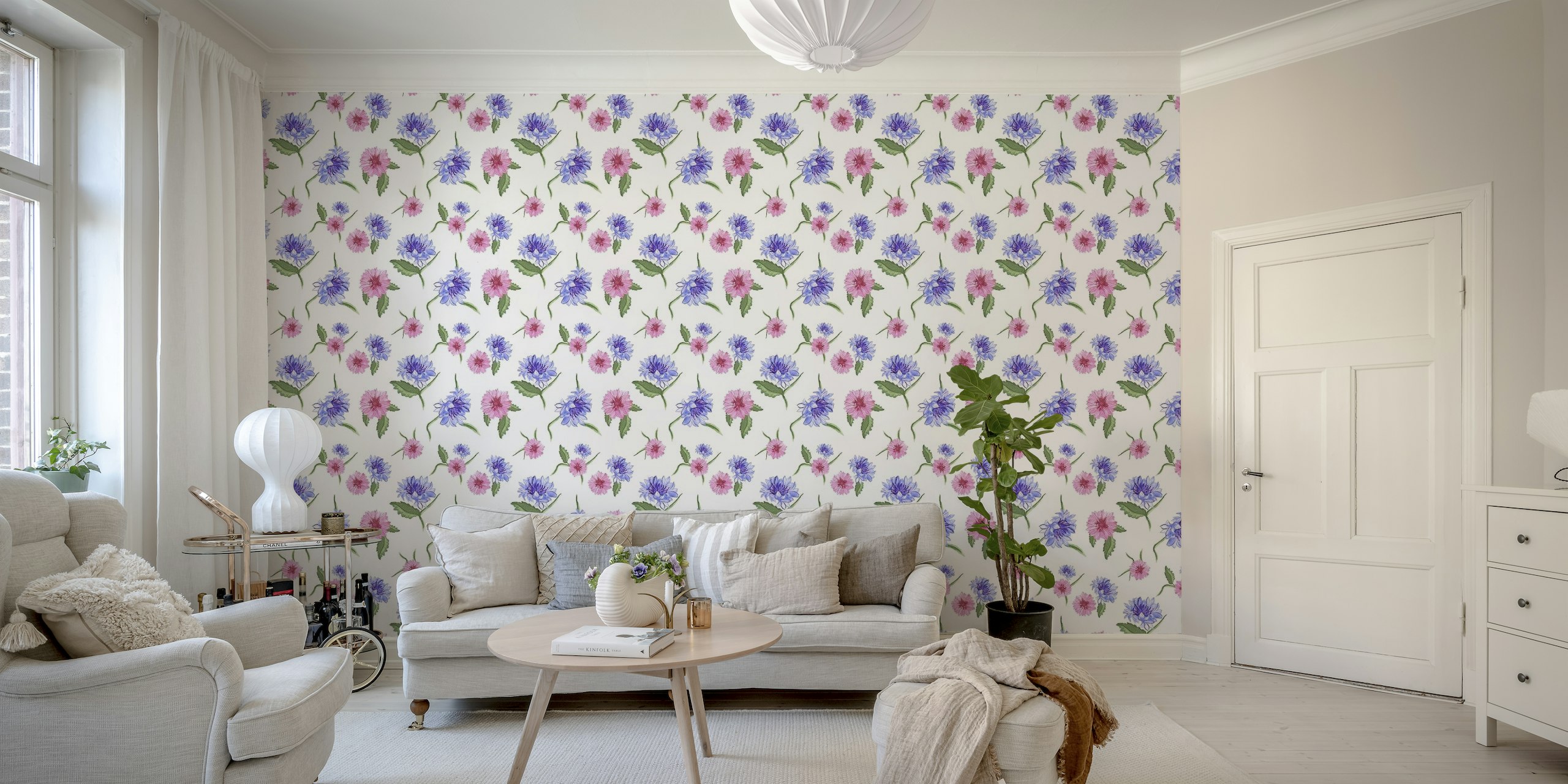 Isolated blooms cornflower white pattern wallpaper