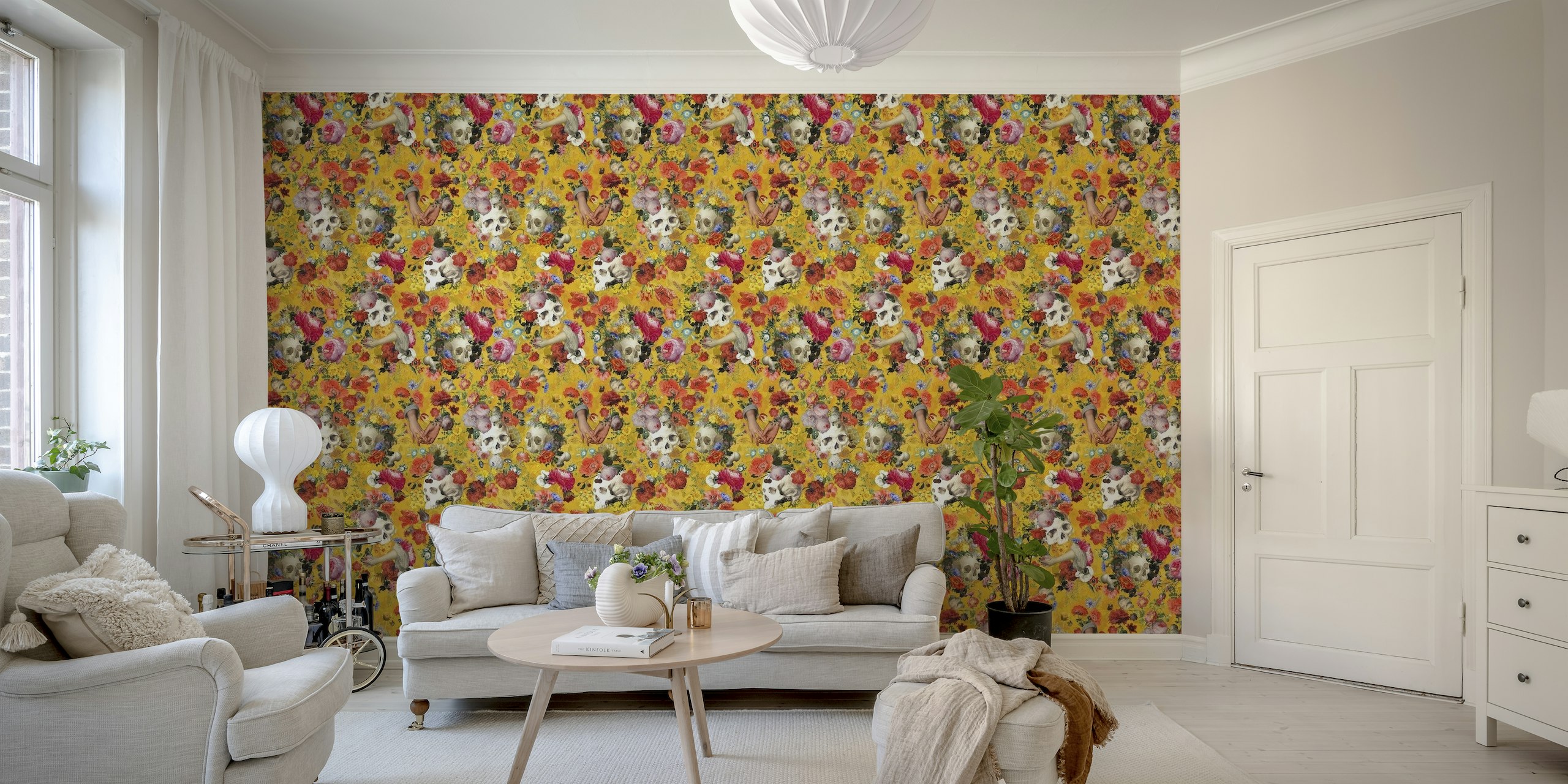 Mysterious Gothic Skulls And Antique Flowers Yellow wall mural with skulls and colorful flowers on a bright background